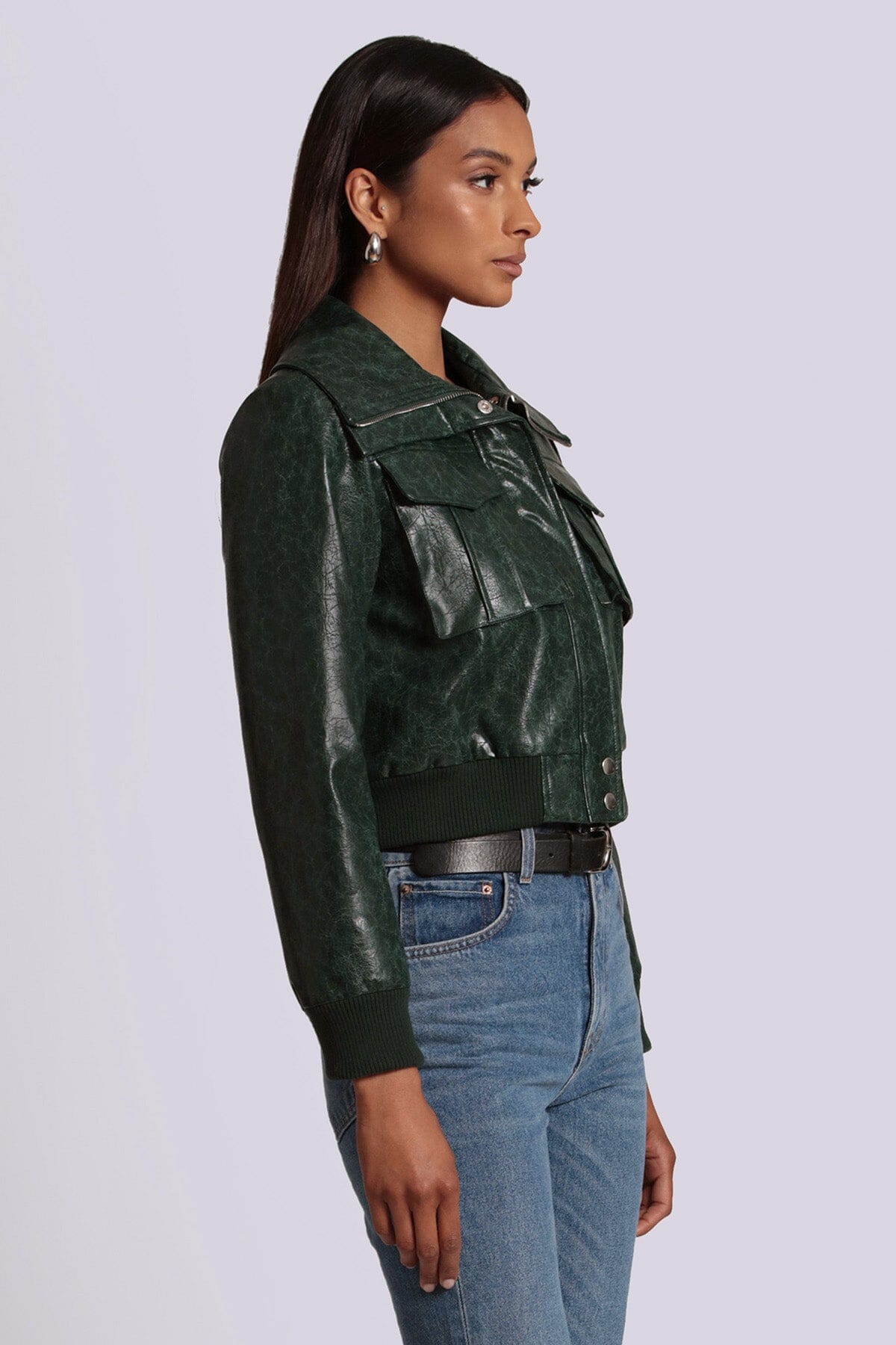Emerald green faux ever leather cropped aviator jacket coat - figure flattering cute work jackets for women