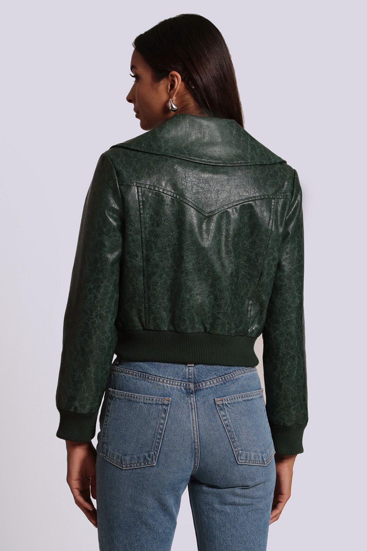 Emerald green faux ever leather cropped aviator jacket coat - women's figure flattering jackets coats for fall 2023