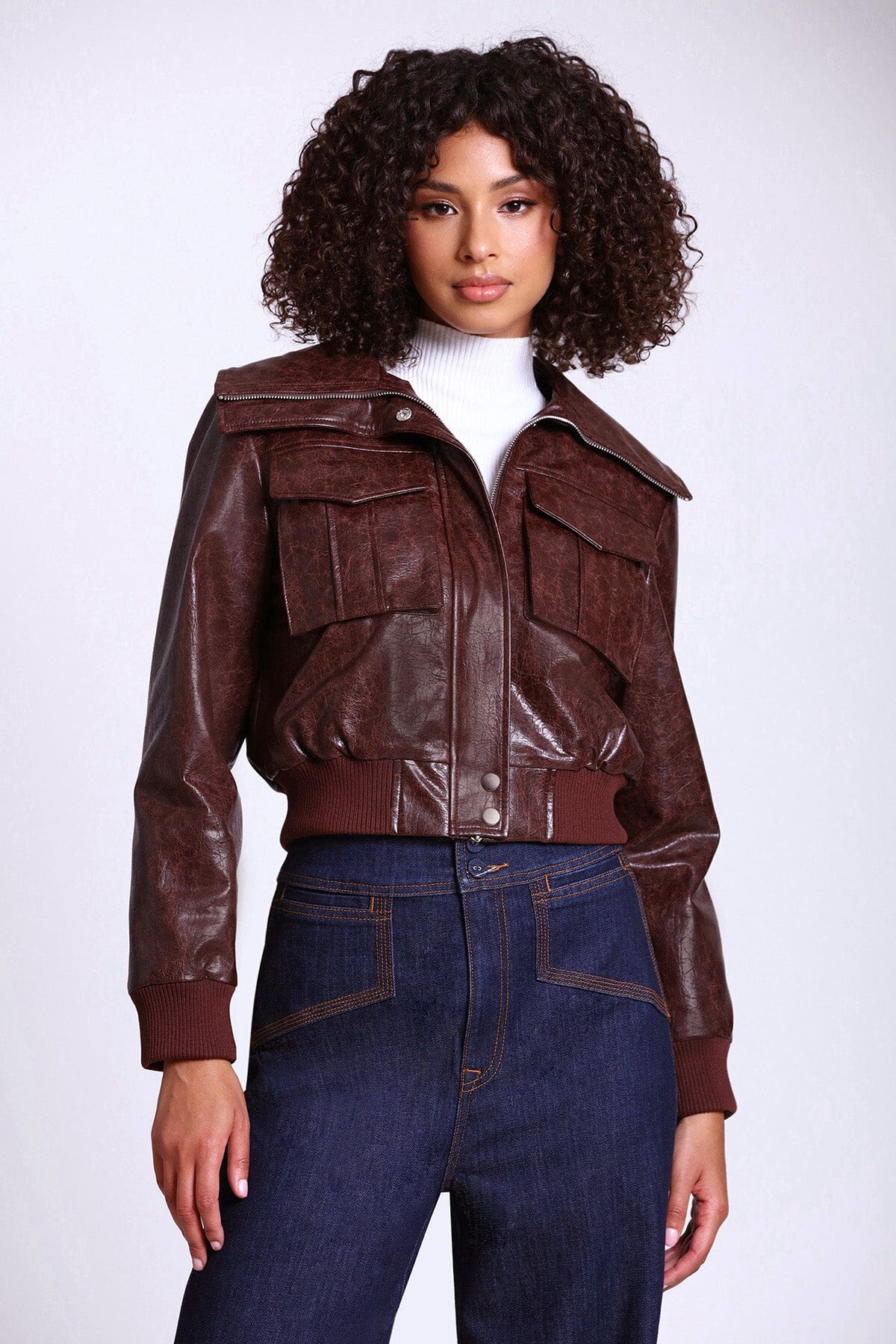 Tobacco brown faux ever leather cropped aviator bomber jacket coat - figure flattering work appropriate jackets for women