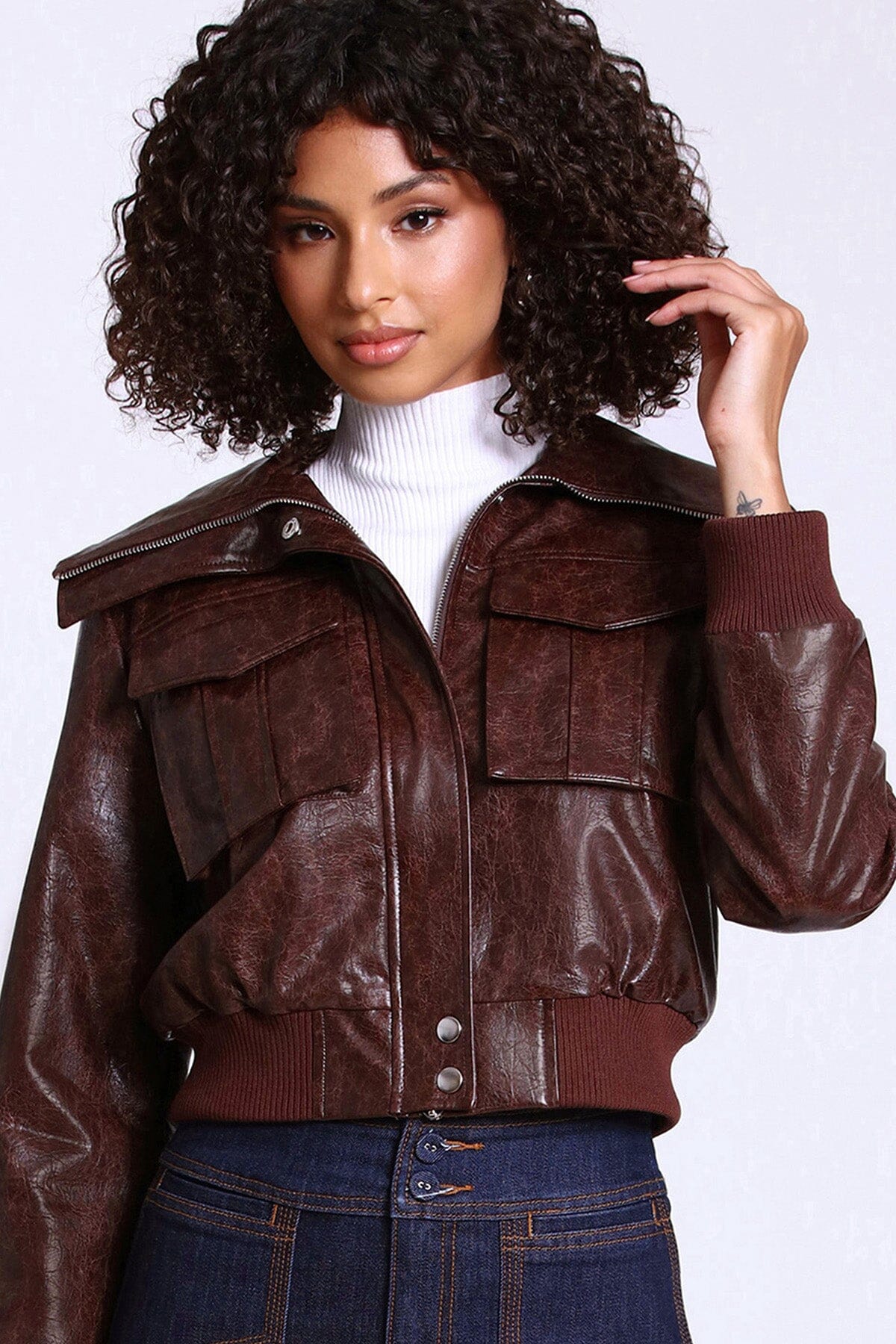 Tobacco brown faux ever leather cropped aviator bomber jacket coat - figure flattering office to date night jackets coats for women