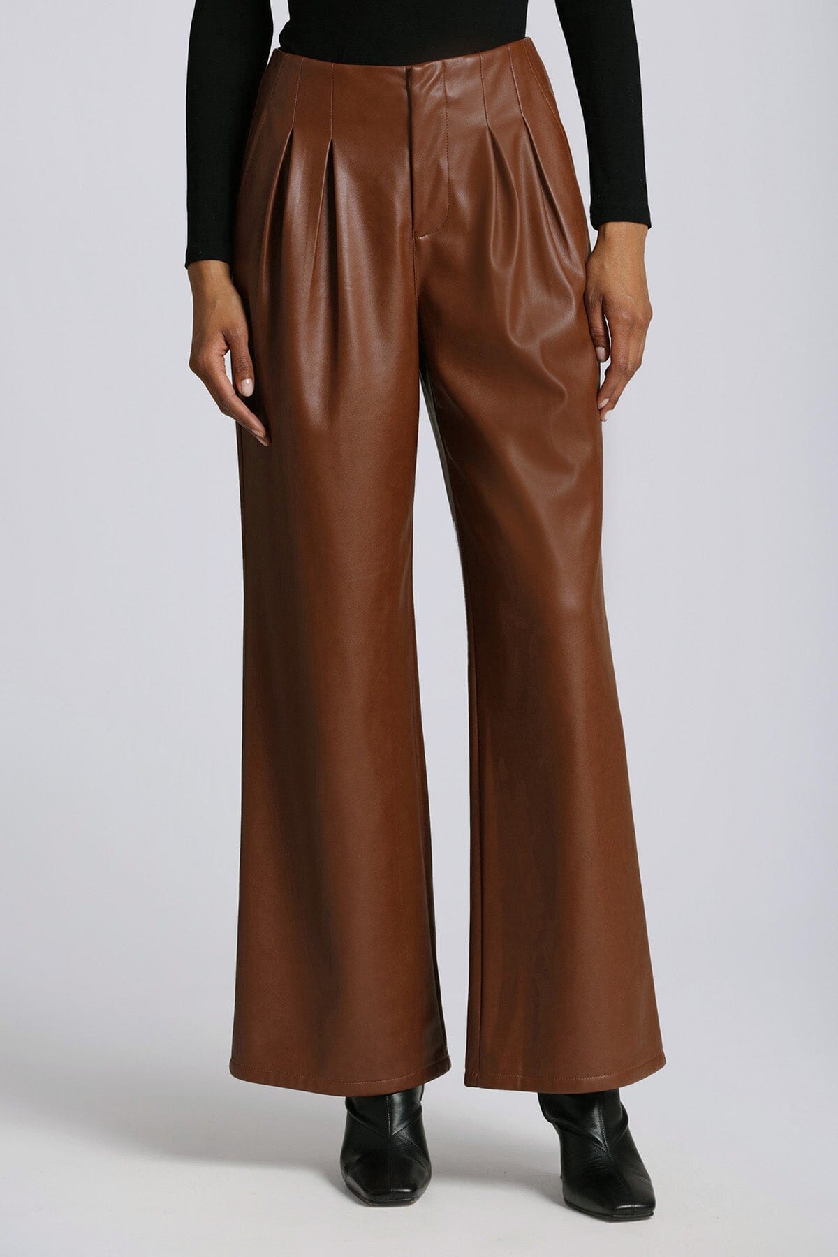 Sienna brown faux ever leather pleated wide leg trouser pant - figure flattering work appropriate trousers pants for women