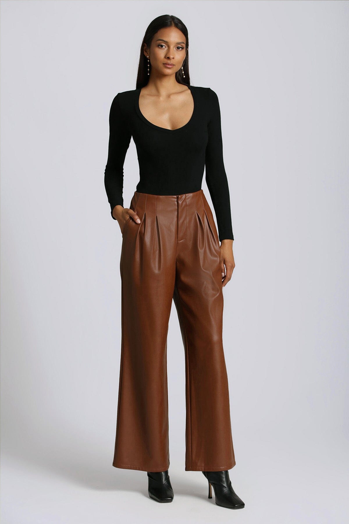 Sienna brown faux ever leather pleated wide leg trouser pant - figure flattering day to night pants for women