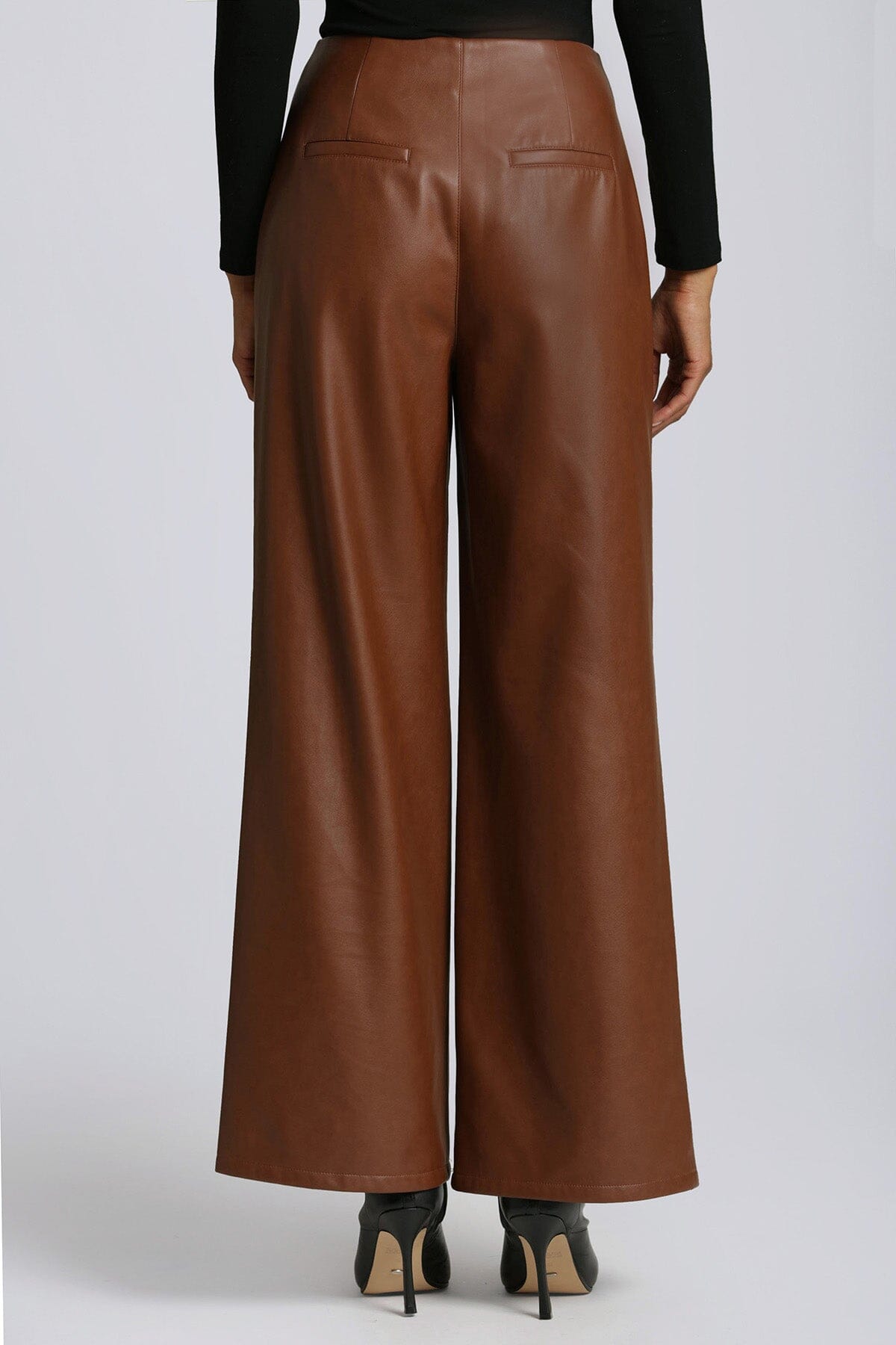Sienna brown faux ever leather pleated wide leg trouser pant - figure flattering fall 2023 pants trousers for women