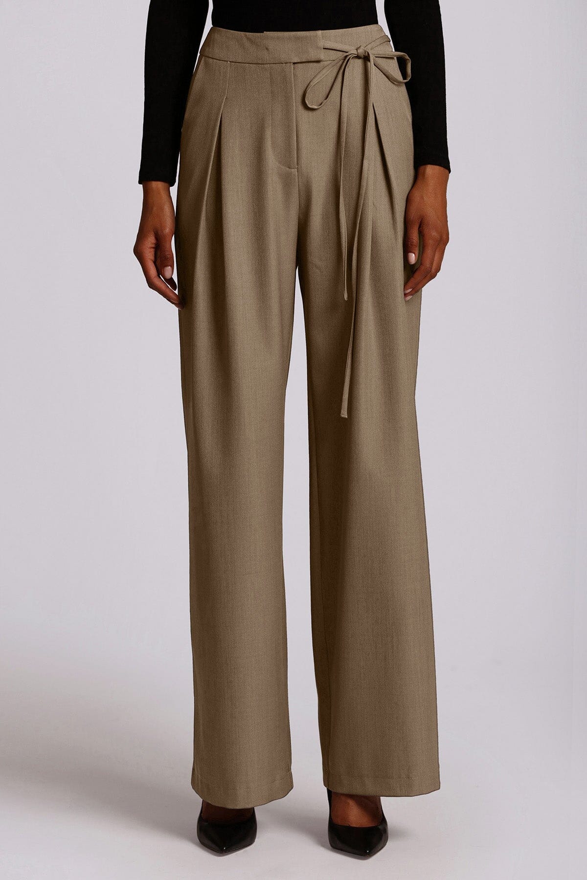 taupe brown wide leg tie belt trouser pants women's figure flattering office to date night bottoms