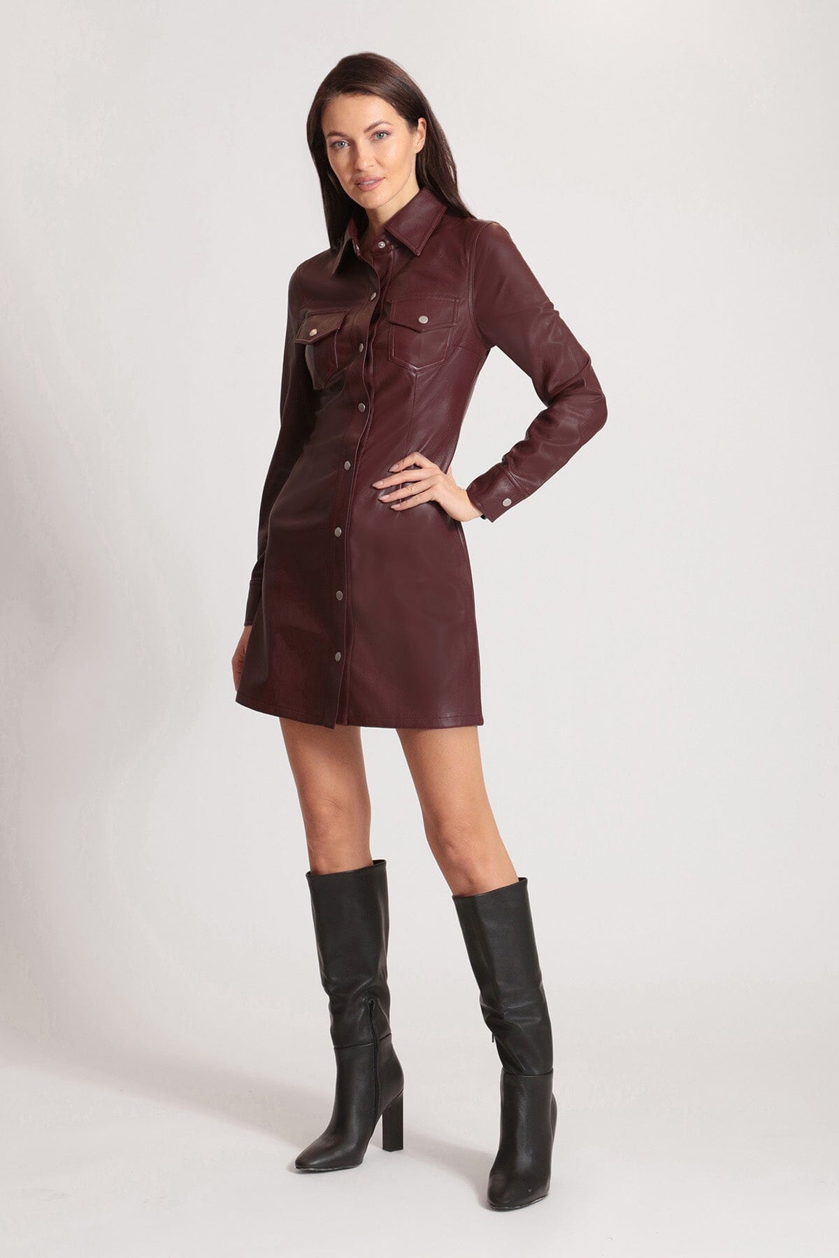 Dark red figure flattering faux ever leather long sleeve shirtdress dress dresses for women by Avec Les Filles