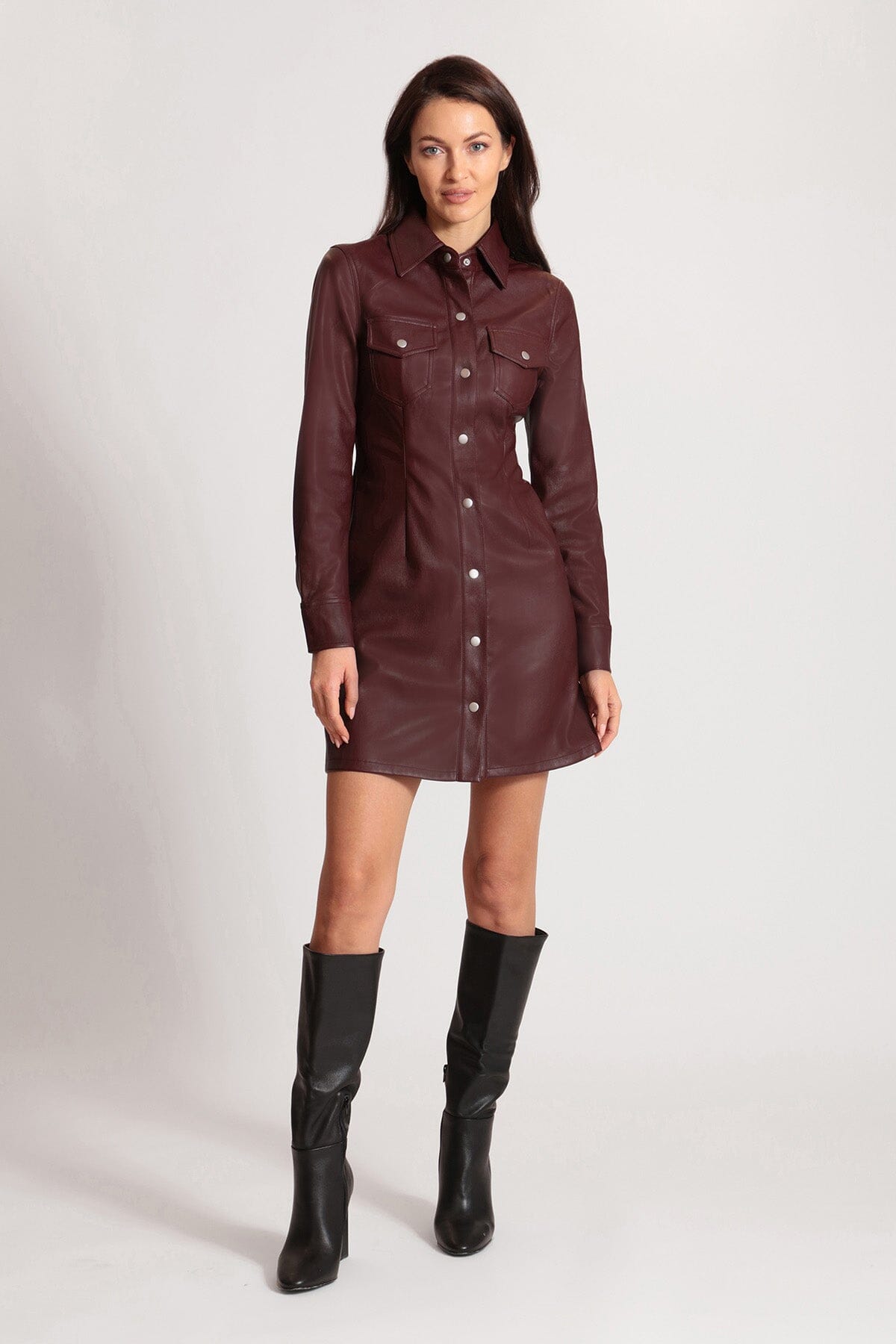 Dark red faux ever leather long sleeve shirtdress dress - figure flattering office to date night dresses for ladies