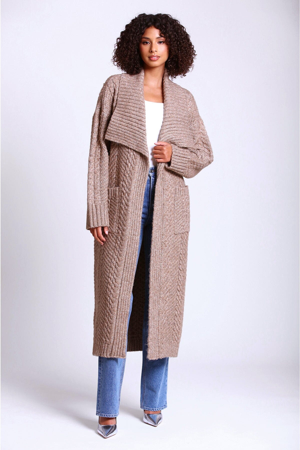 Mink brown envelope collar longline knit coatigan long cardigan - figure flattering cozy fall 2023 cardigans for women