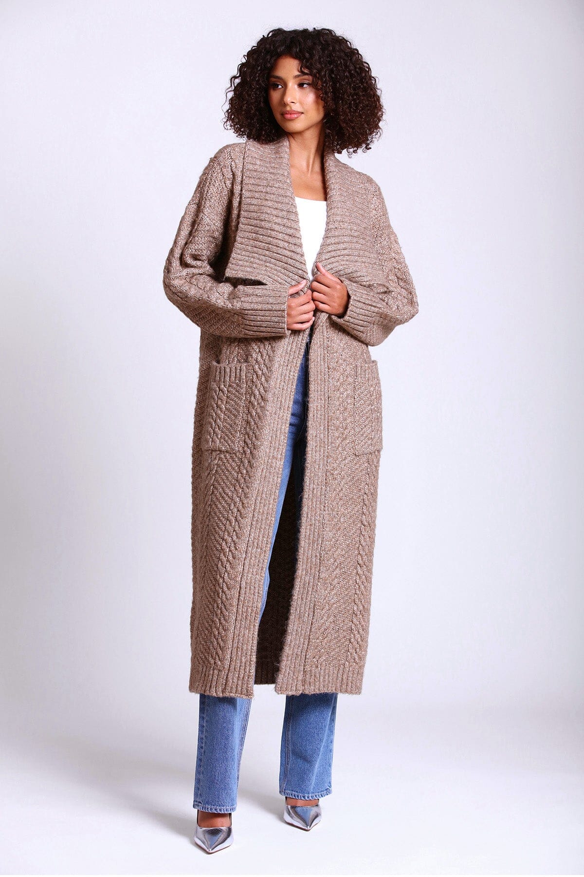 Mink brown envelope collar longline knit coatigan long cardigan - figure flattering day to night coatigans cardigans for women