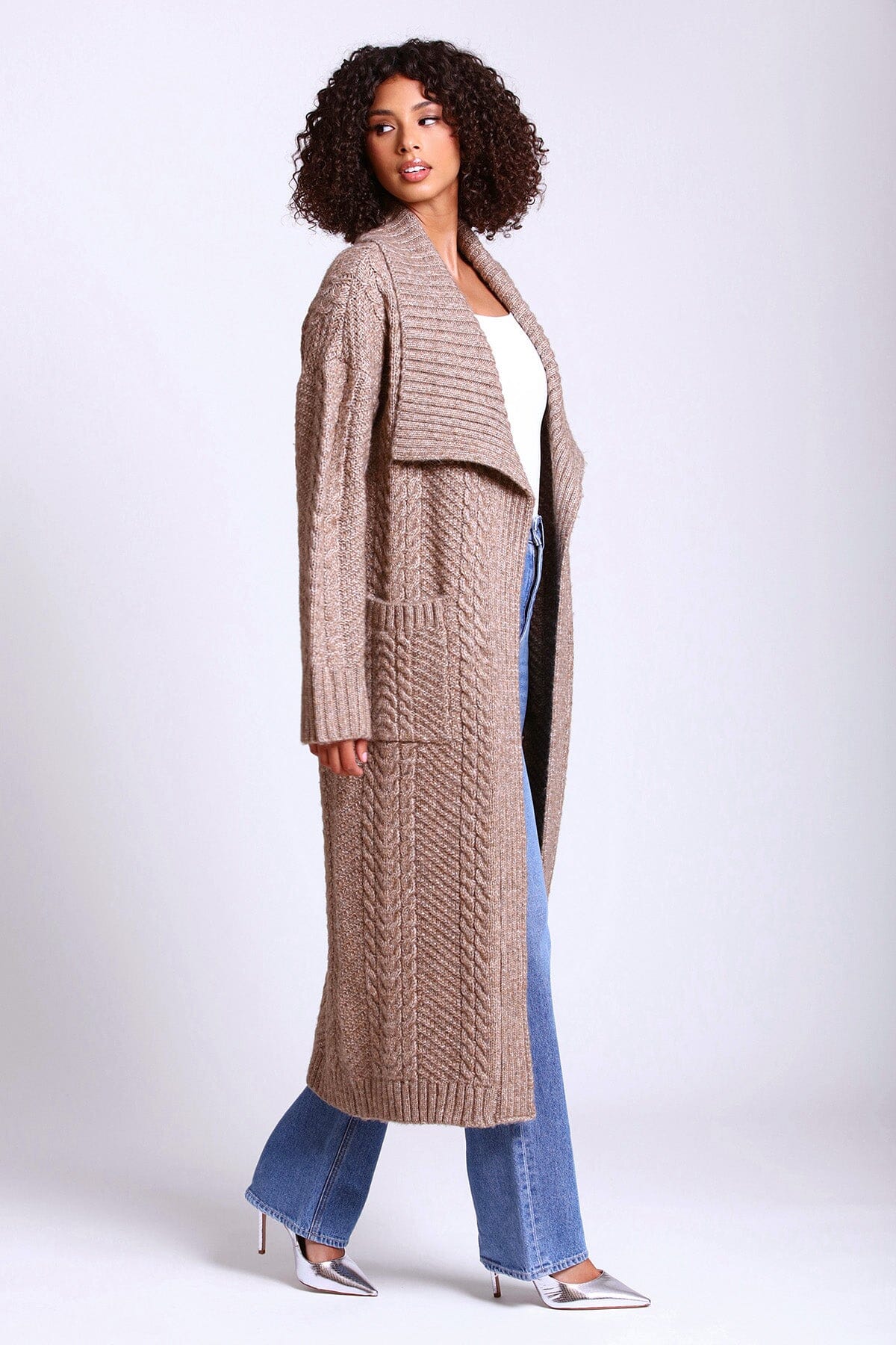 Mink brown envelope collar longline knit coatigan long cardigan - women's figure flattering work appropriate cardigans 