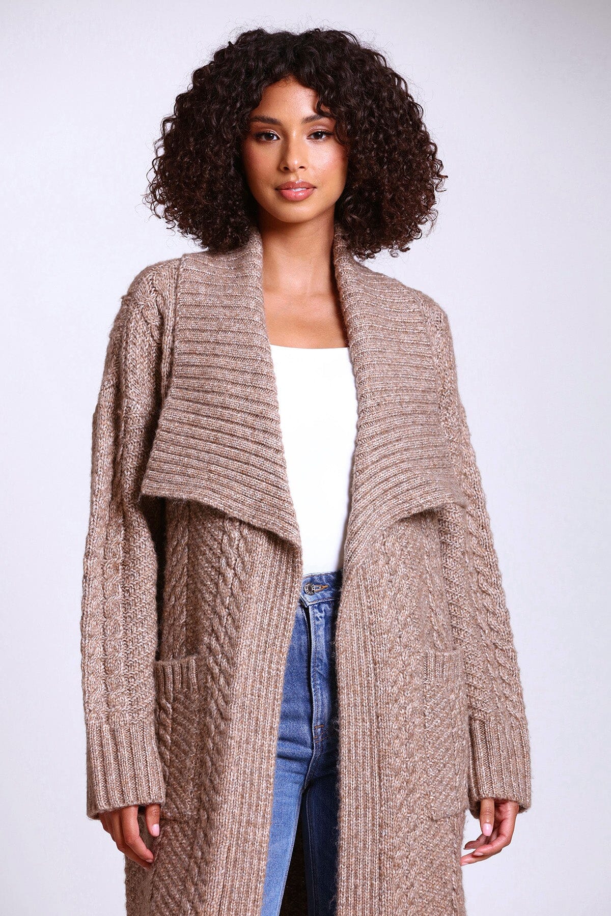 Mink brown envelope collar longline knit coatigan long cardigan - women's figure flattering cute cardigans coatigans for fall 2023