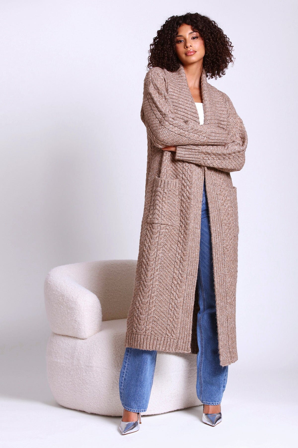Mink brown envelope collar longline knit coatigan long cardigan - figure flattering fall 2023 cardigans coatigans for women