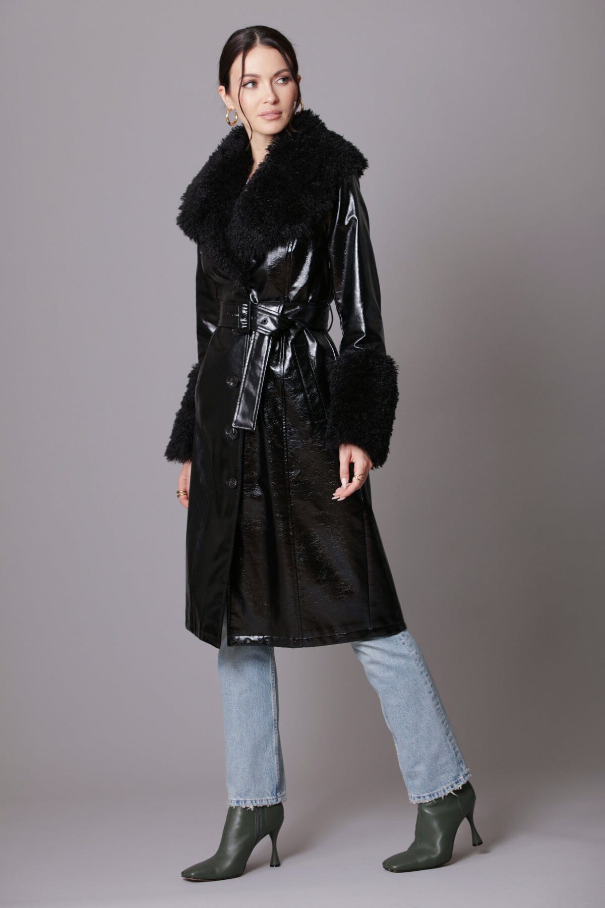 Black faux fur trimmed patent long trench coat - women's figure flattering girls night out coats