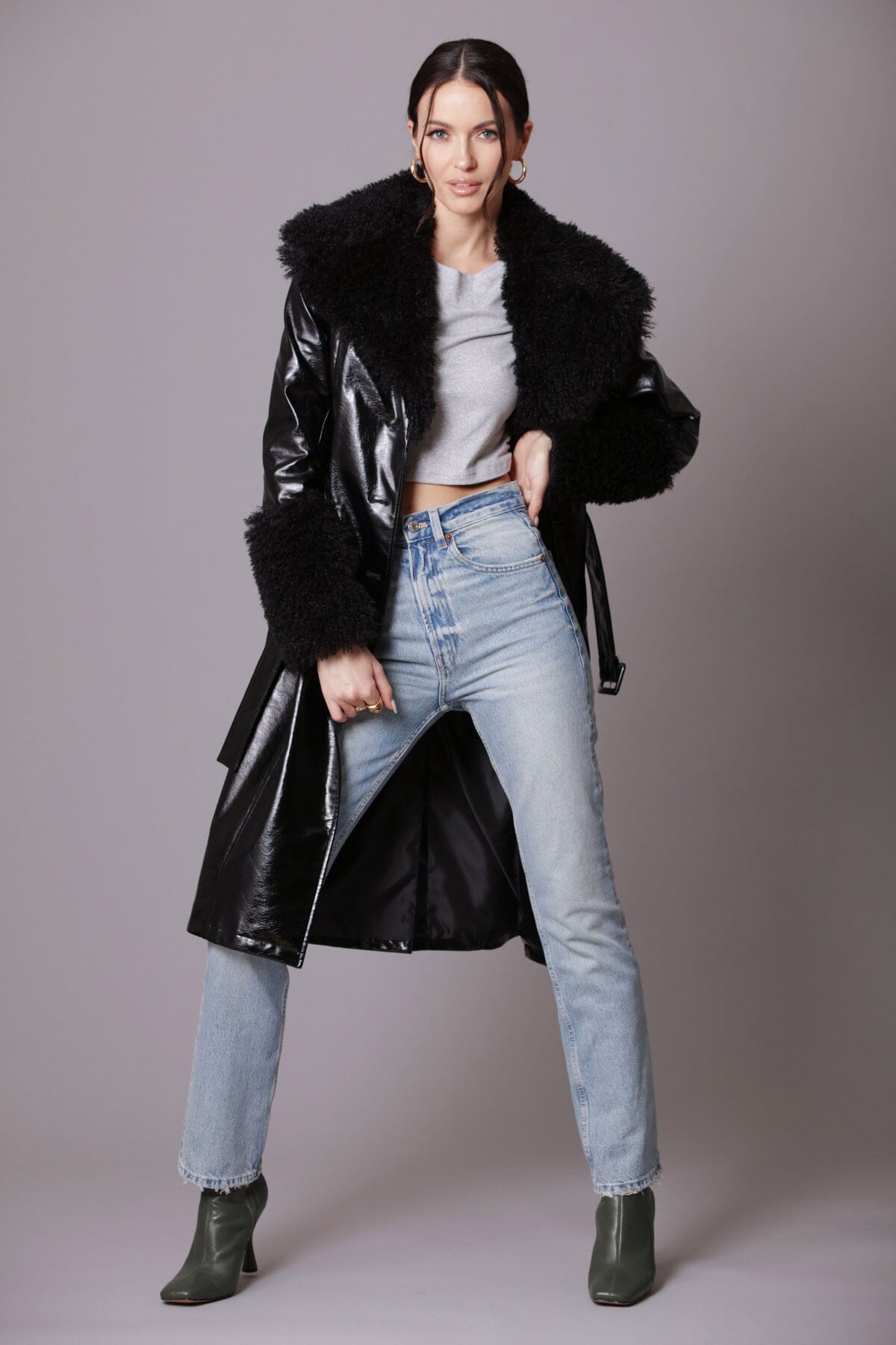 Black faux fur trimmed patent long trench coat - women's figure flattering outerwear for fall