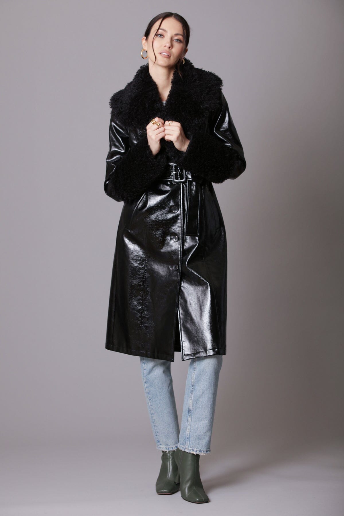 Black faux fur trimmed patent long trench coat - figure flattering luxurious fall 2023 outerwear for women