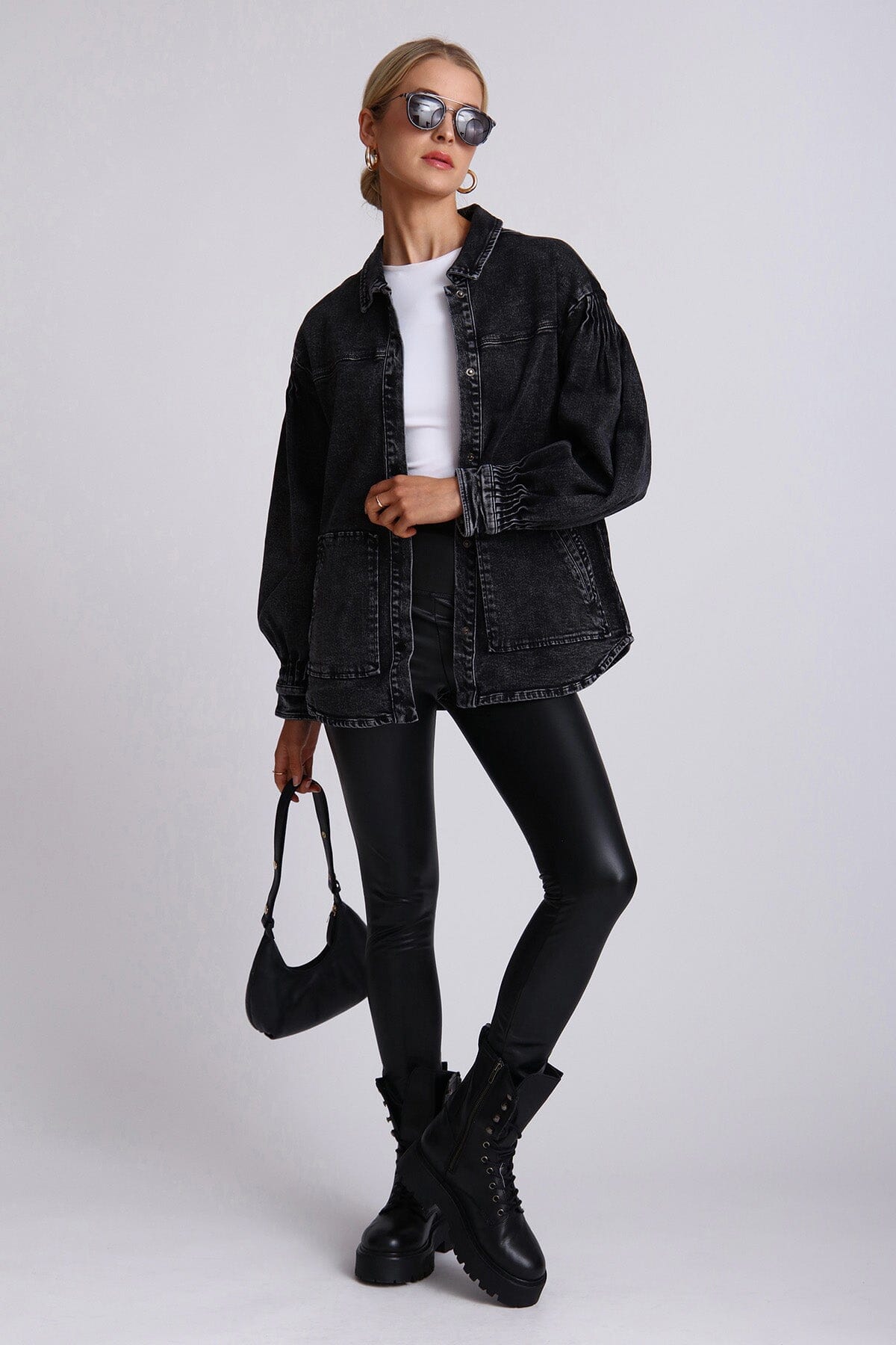 Black acid wash denim shacket jacket coat - figure flattering fall 2023 outerwear for women