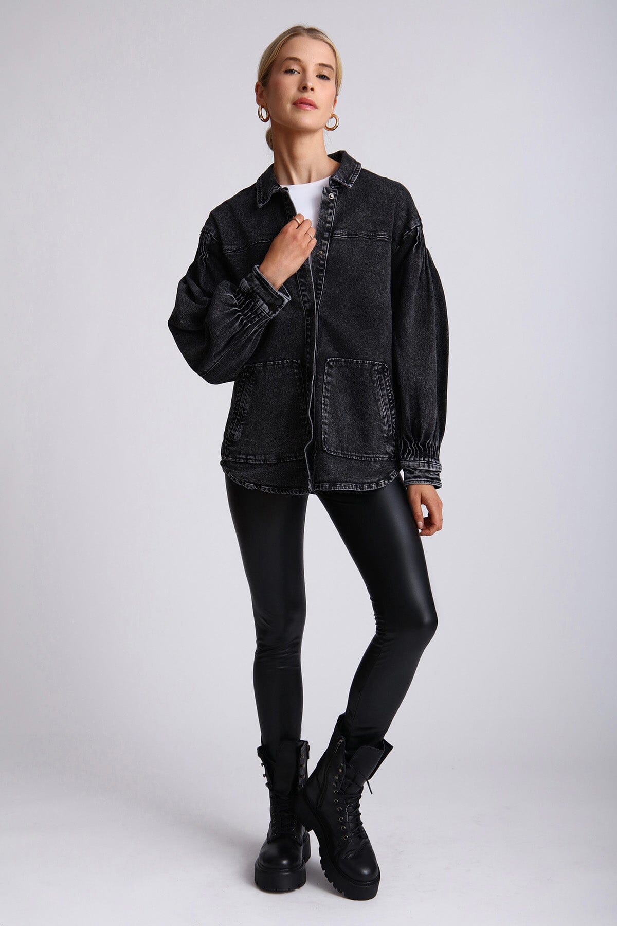 Black acid wash denim shacket jacket coat - figure flattering lightweight fall 2023 jackets for women