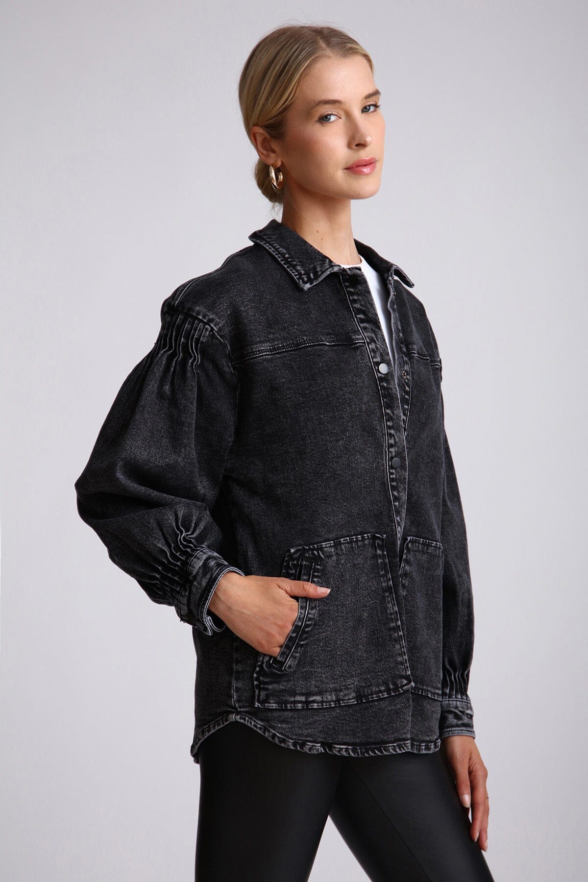 Black acid wash denim shacket jacket coat - women's figure flattering casual cute outerwear for fall 2023