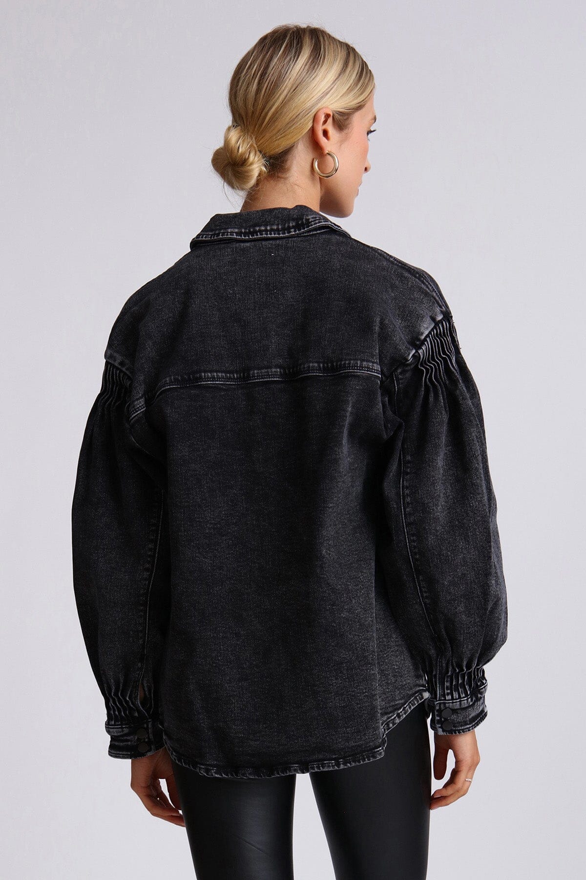 Black acid wash denim shacket jacket coat - figure flattering women's outerwear for fall