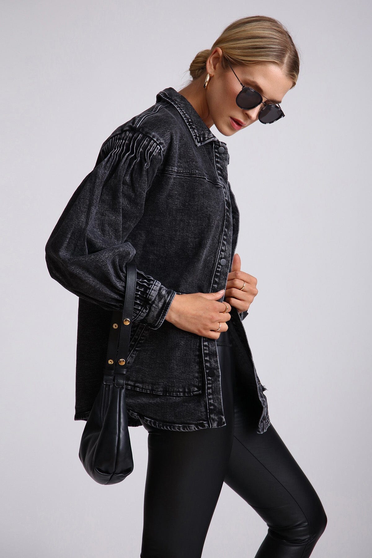 Black acid wash denim shacket jacket coat - women's figure flattering day to night outerwear
