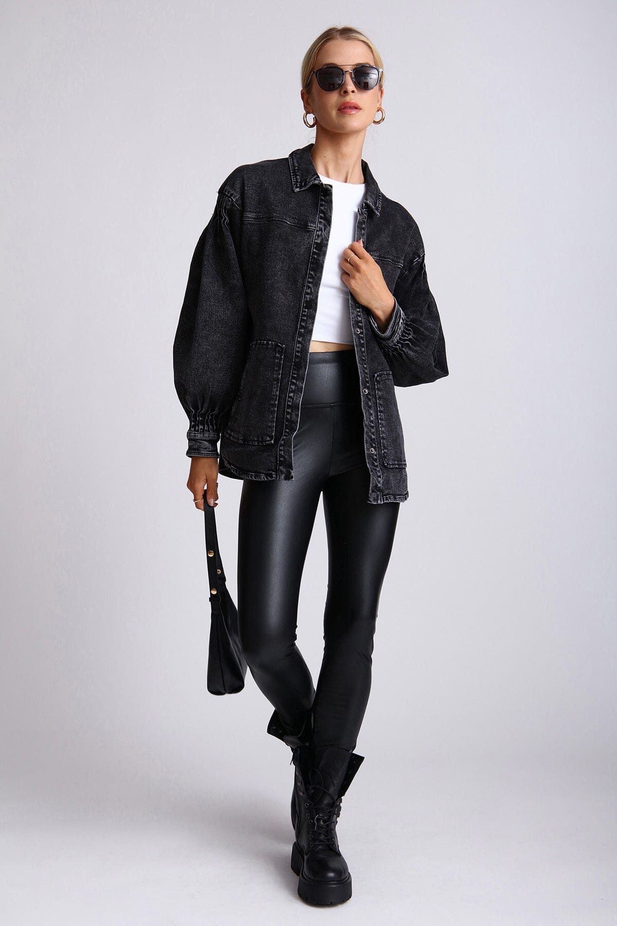 Black acid wash denim shacket jacket coat - women's figure flattering streetwear style shackets for fall