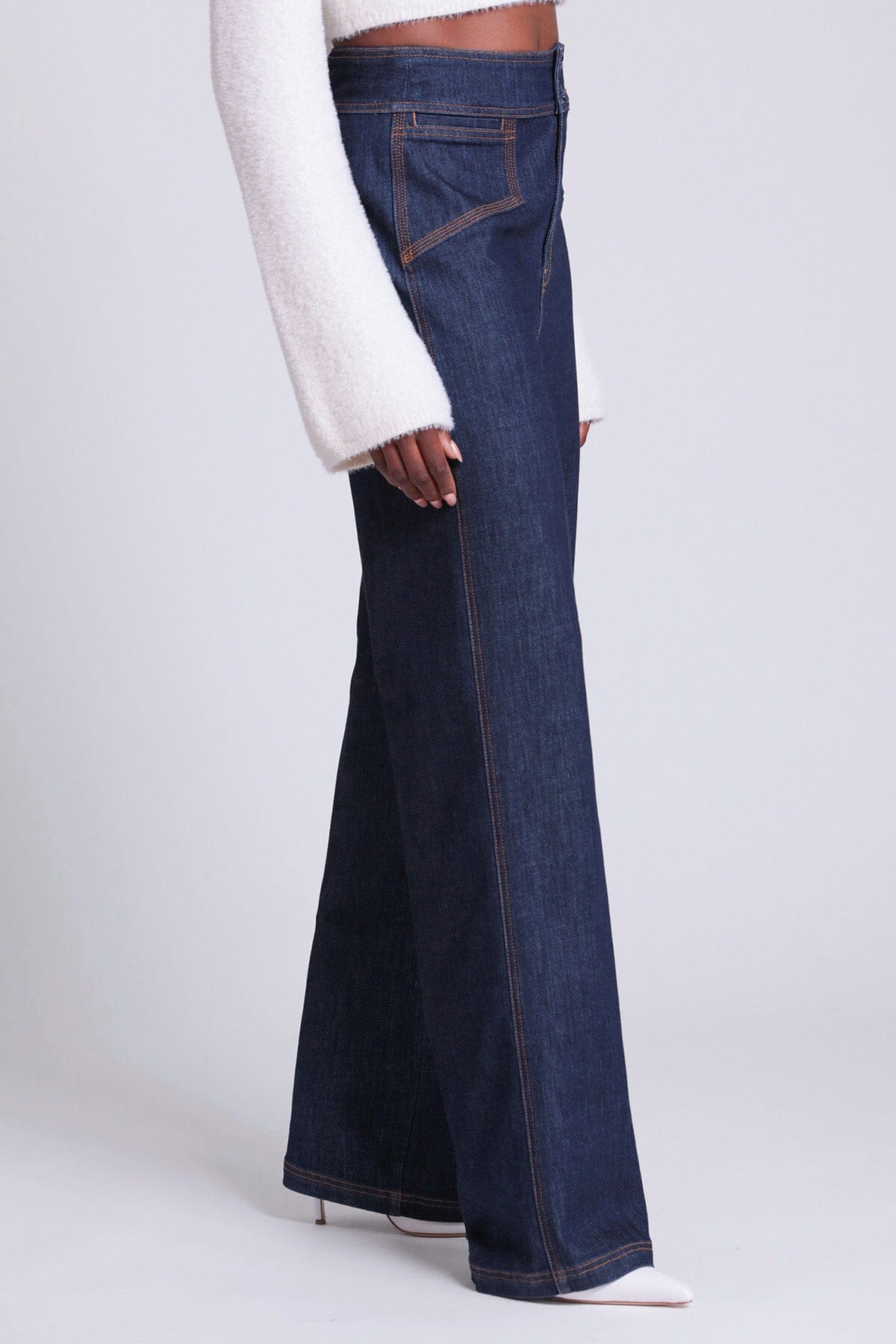 Dark wash blue high rise wide leg denim trouser - women's figure flattering day to night jeans trousers for fall 2023
