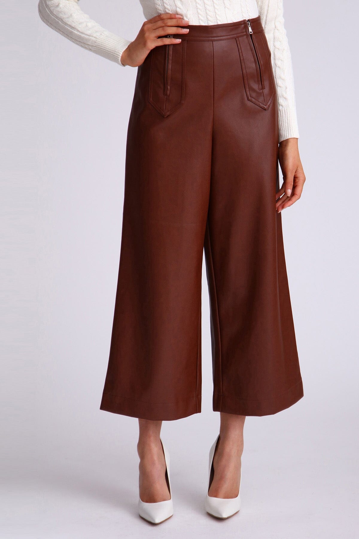 Cognac brown double zip faux leather cropped culotte pant - women's figure flattering office to date night high waist pants for fall 2023