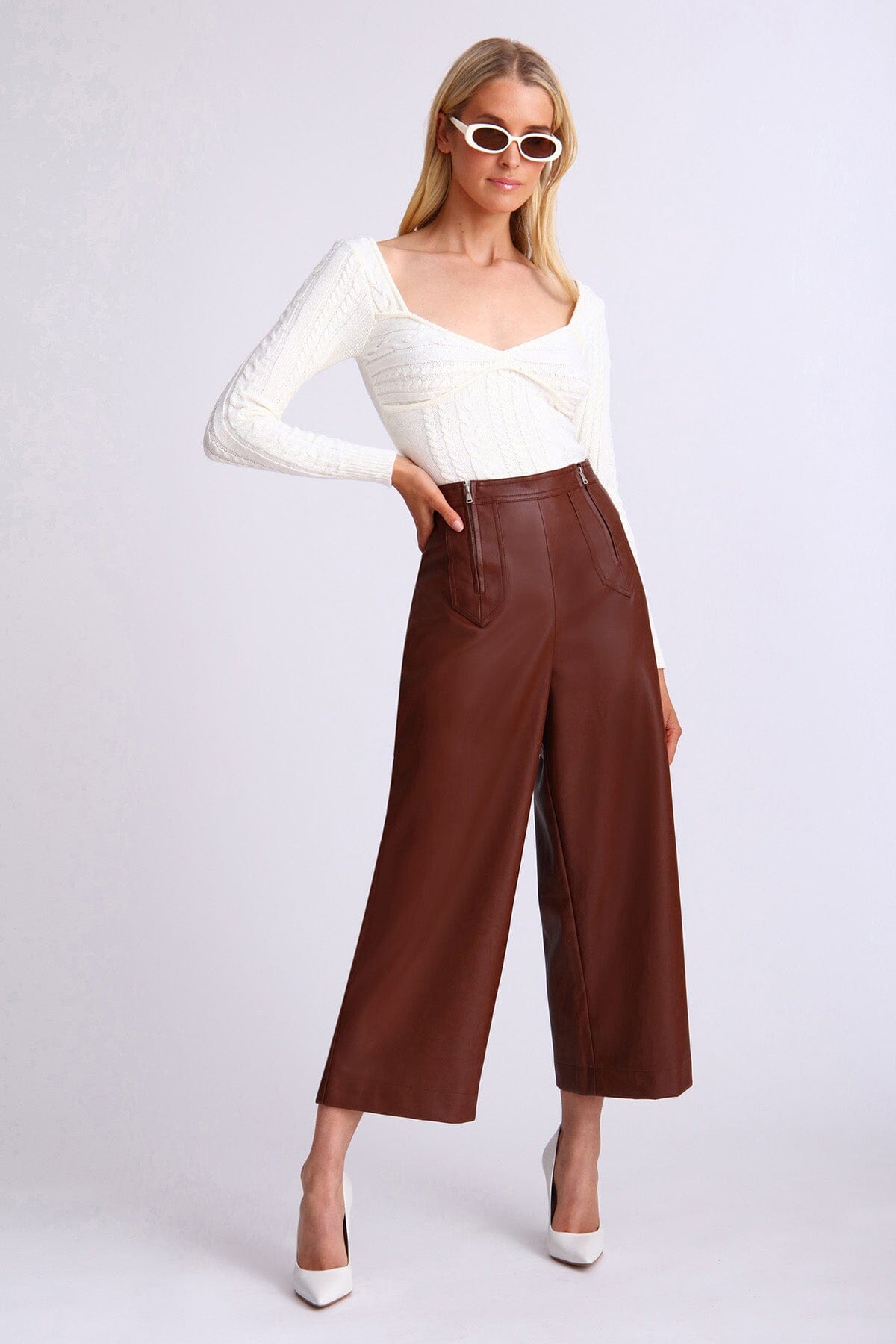 Brown double zip faux leather cropped culotte pant - figure flattering office to date night pants for ladies by avec les filles