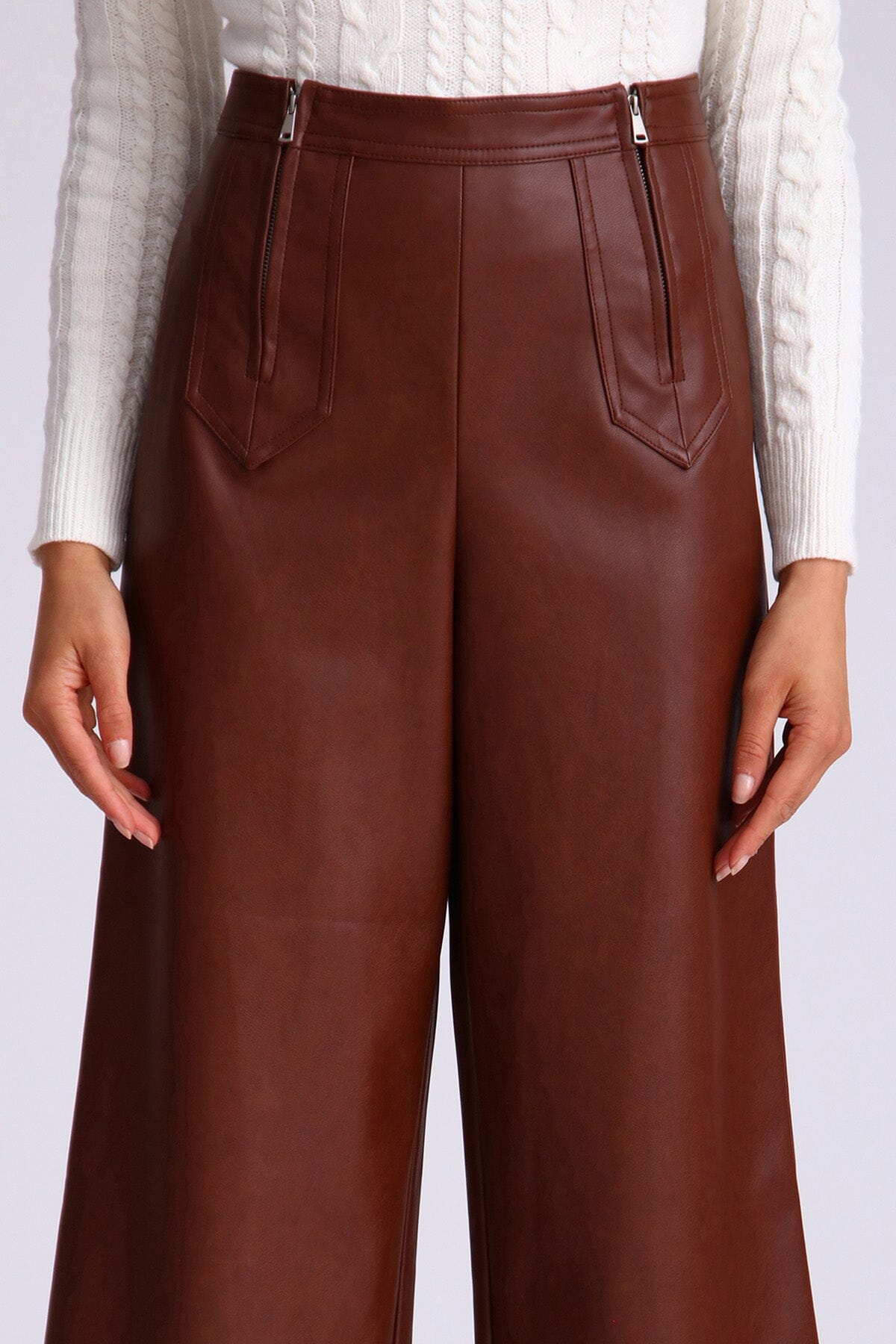 Brown Double Zip Faux Leather Cropped Culotte Pants by Avec Les Filles