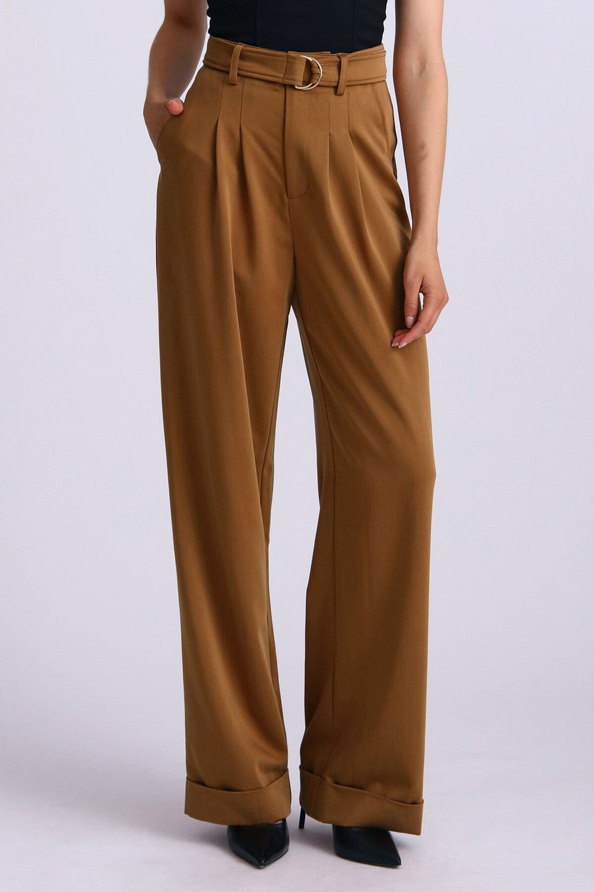 Amber brown lyocell blend belted wide leg trouser pant - figure flattering women's high waist trousers for fall