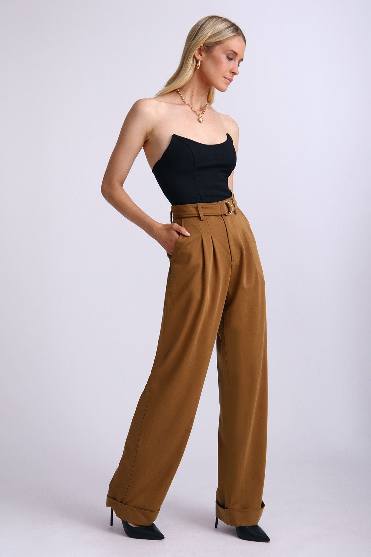 Amber brown lyocell blend belted wide leg trouser pant - figure flattering comfortable work pants for ladies by avec les filles