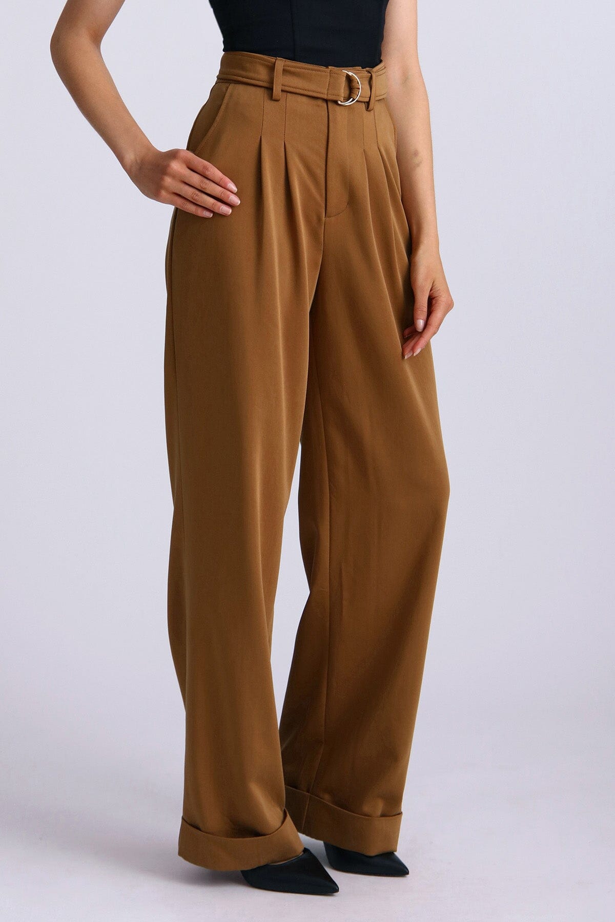 Amber brown lyocell blend belted wide leg trouser pant - women's figure flattering high waisted trousers