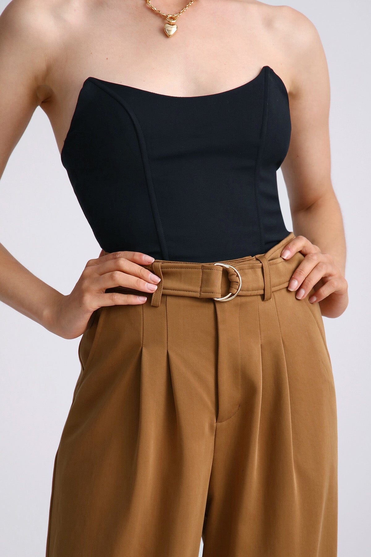 Amber brown lyocell blend belted wide leg trouser pant - figure flattering high waisted trousers bottoms for ladies 