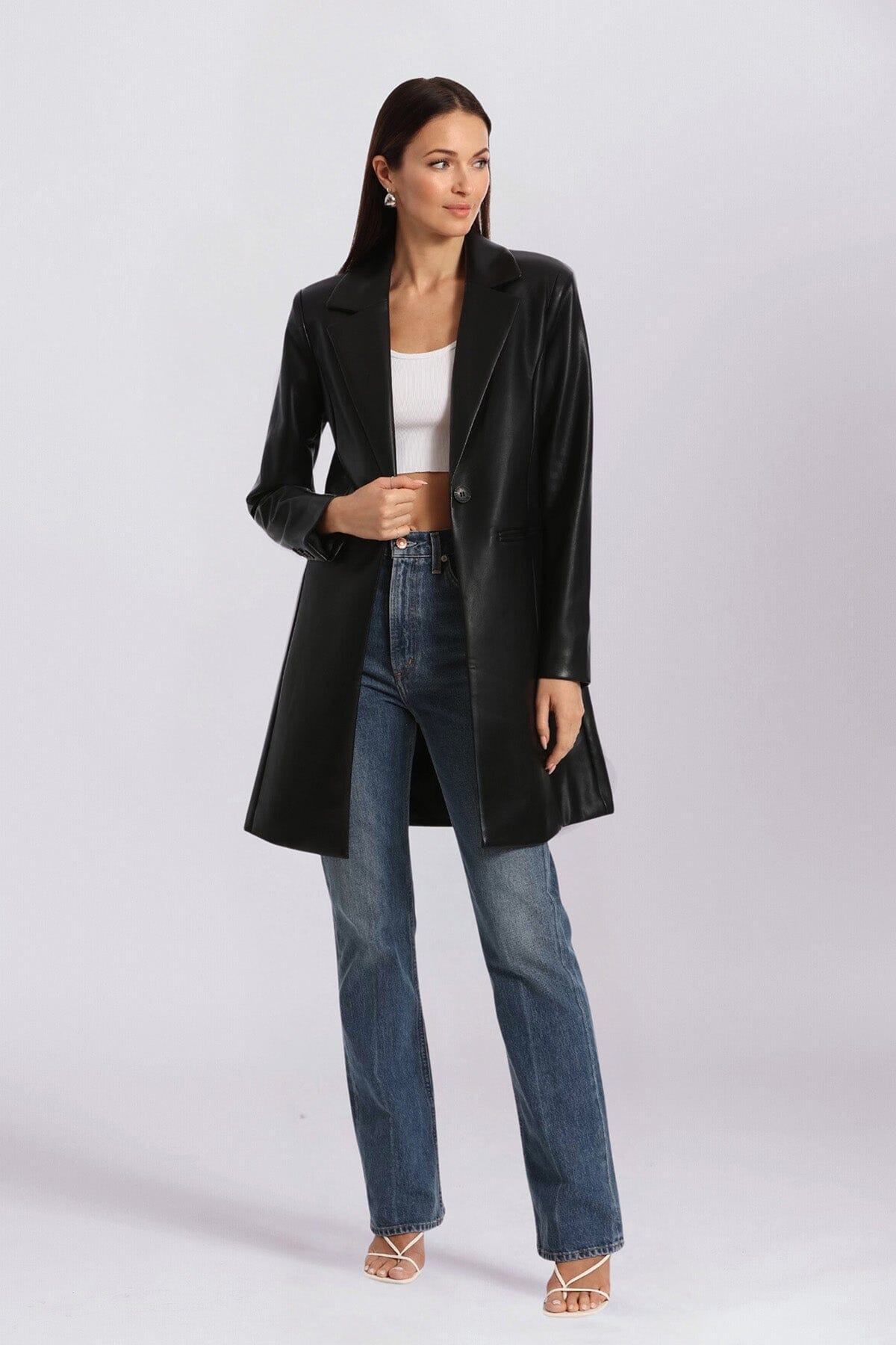 Black Cute Faux Leather Longline Blazer Jacket - Coats & Jackets Avec Les Filles 
