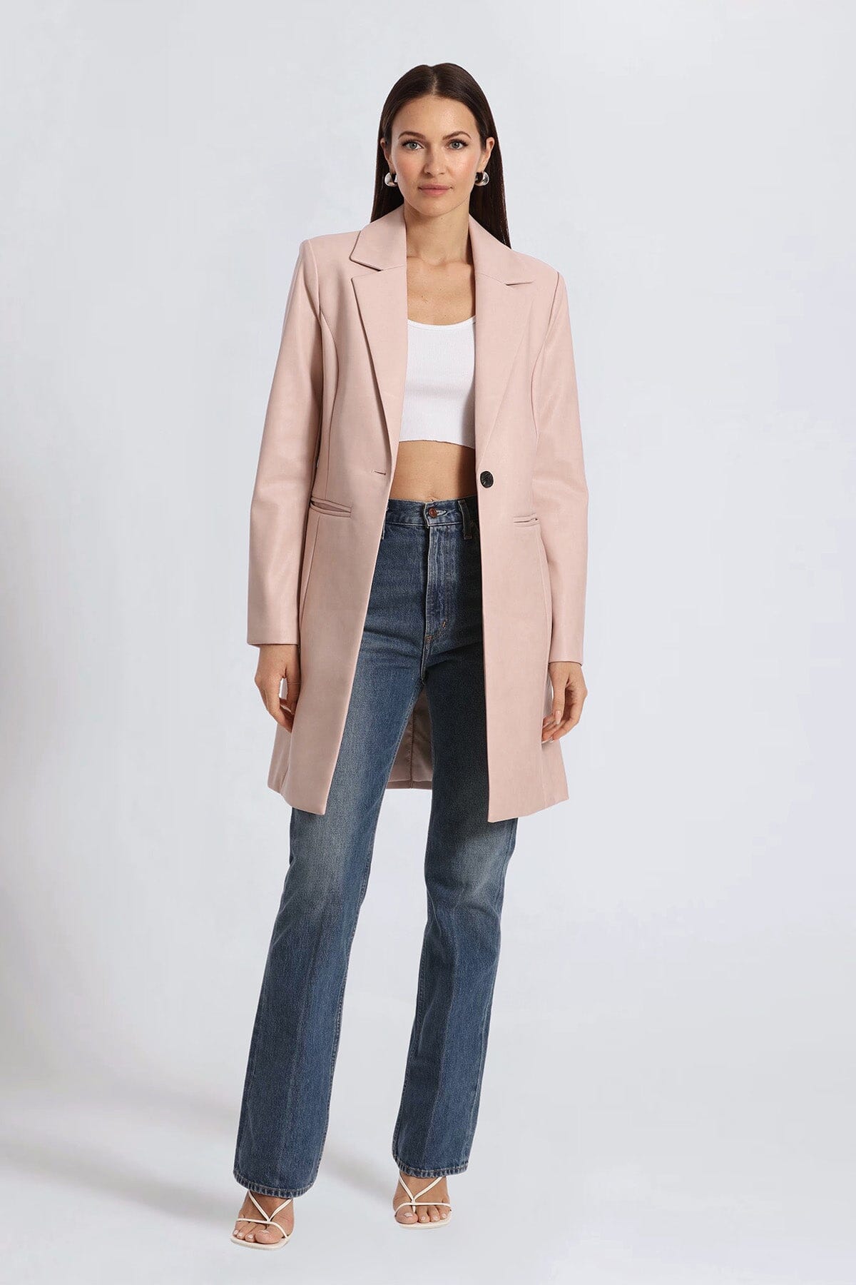 Pale Pink Cute Faux Leather Longline Blazer Jacket - Coats & Jackets Avec Les Filles 