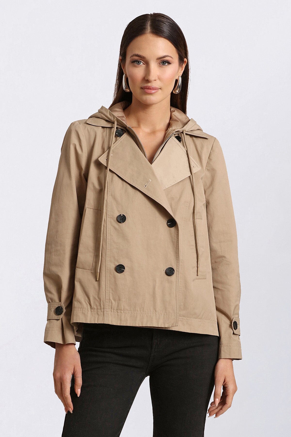 Khaki cotton blend hooded short trench coat - figure flattering day to night coats jackets for ladies by Avec Les Filles