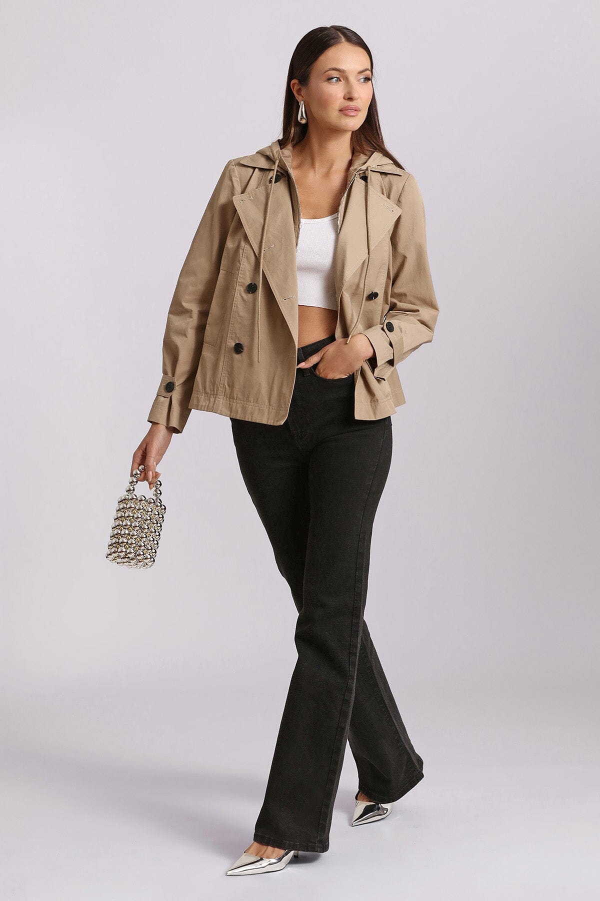 Khaki cotton blend hooded short trench coat - figure flattering fashion coats outerwear for women's Spring Summer trends