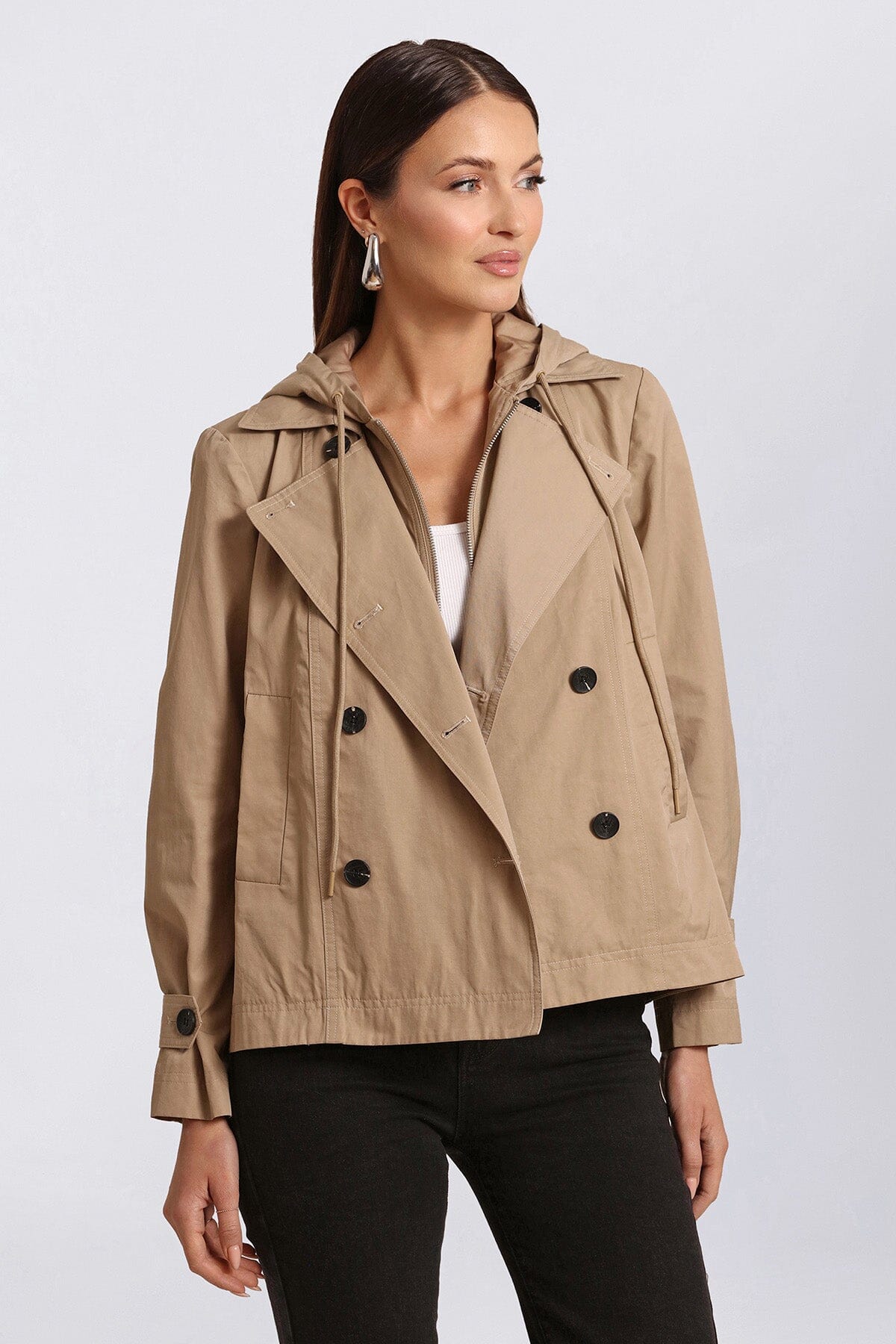Figure flattering khaki beige cotton blend hooded short trench coat jacket for ladies by Avec Les Filles
