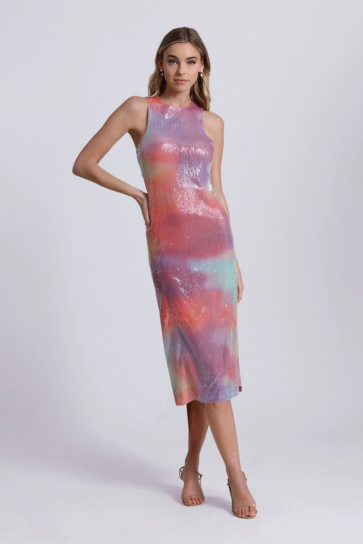 Miami sunset tie dye sequin cut-out midi dress for women by Avec Les Filles