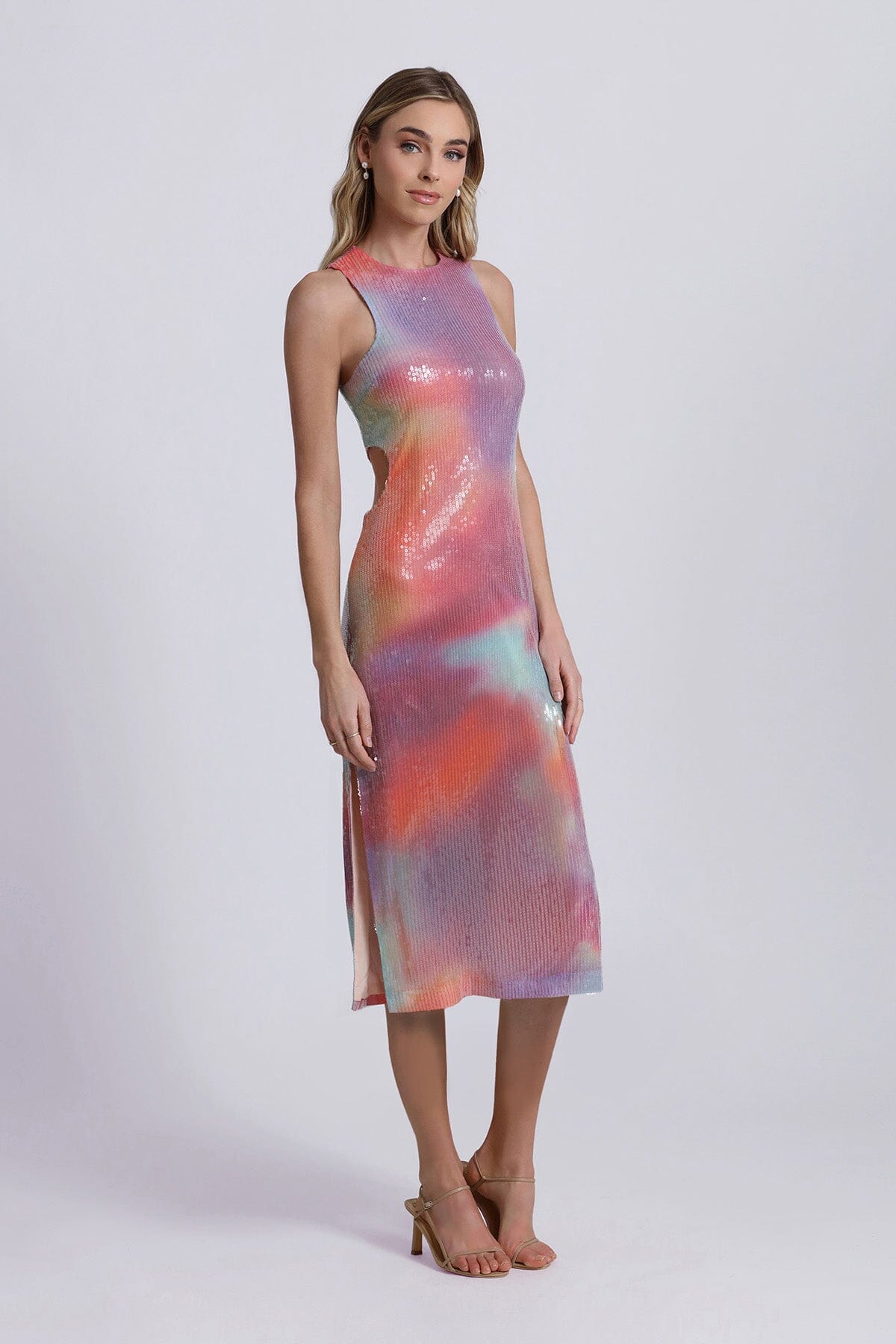 miami sunset tie dye sequin cut-out midi dress - women's figure flattering designer fashion sunset for date night by Avec Les Filles