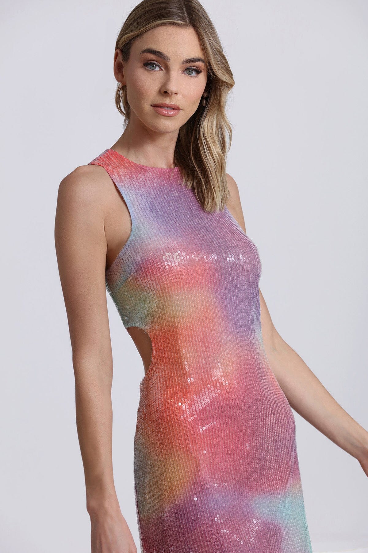 Women's miami sunset tie dye sequin cut-out midi dress for 2024 fashion trends by Avec Les Filles