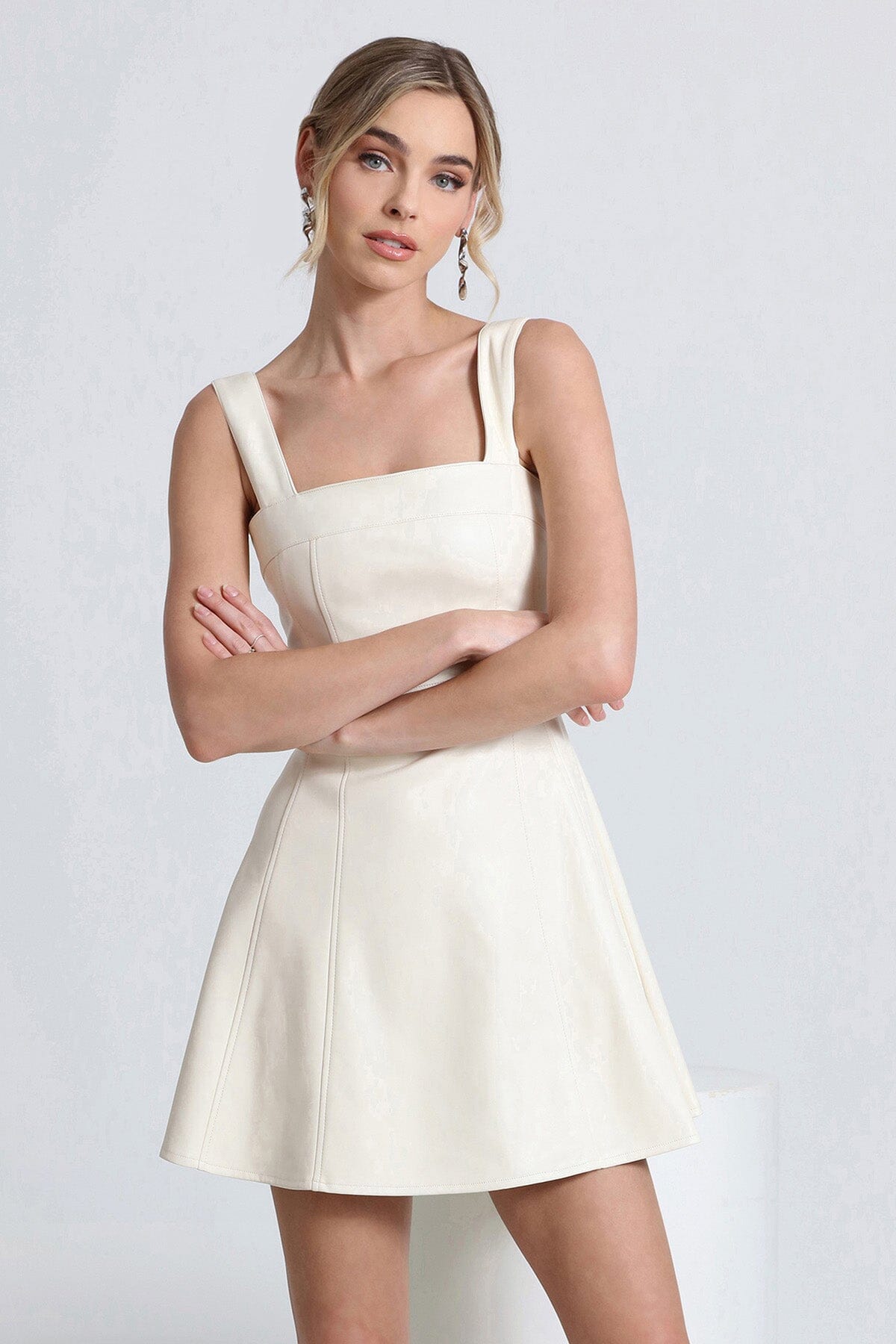 White faux ever leather fit and flare mini dress - women's figure flattering bachelorette party dresses by Avec Les Filles