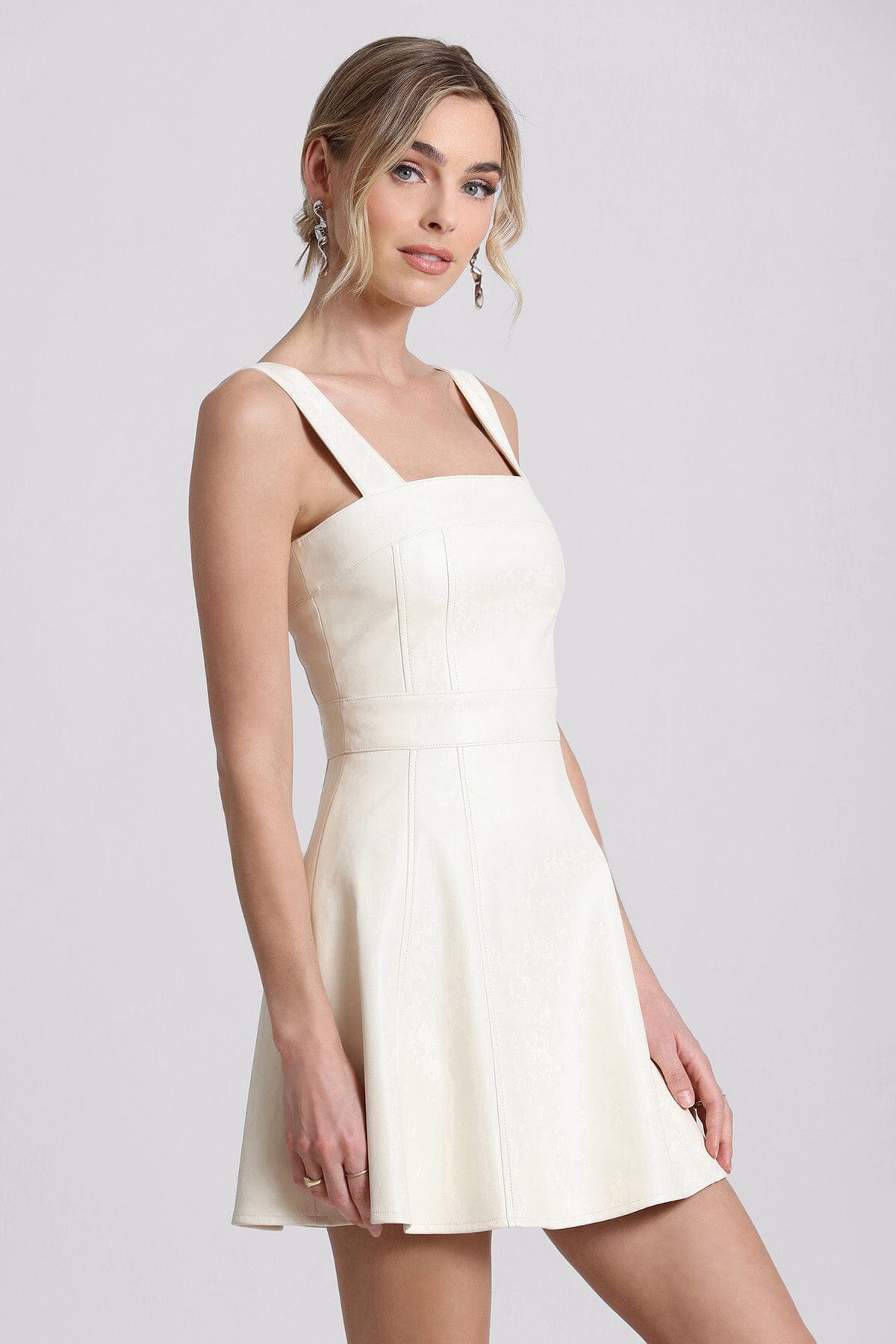 Gardenia white faux ever leather fit and flare mini dress