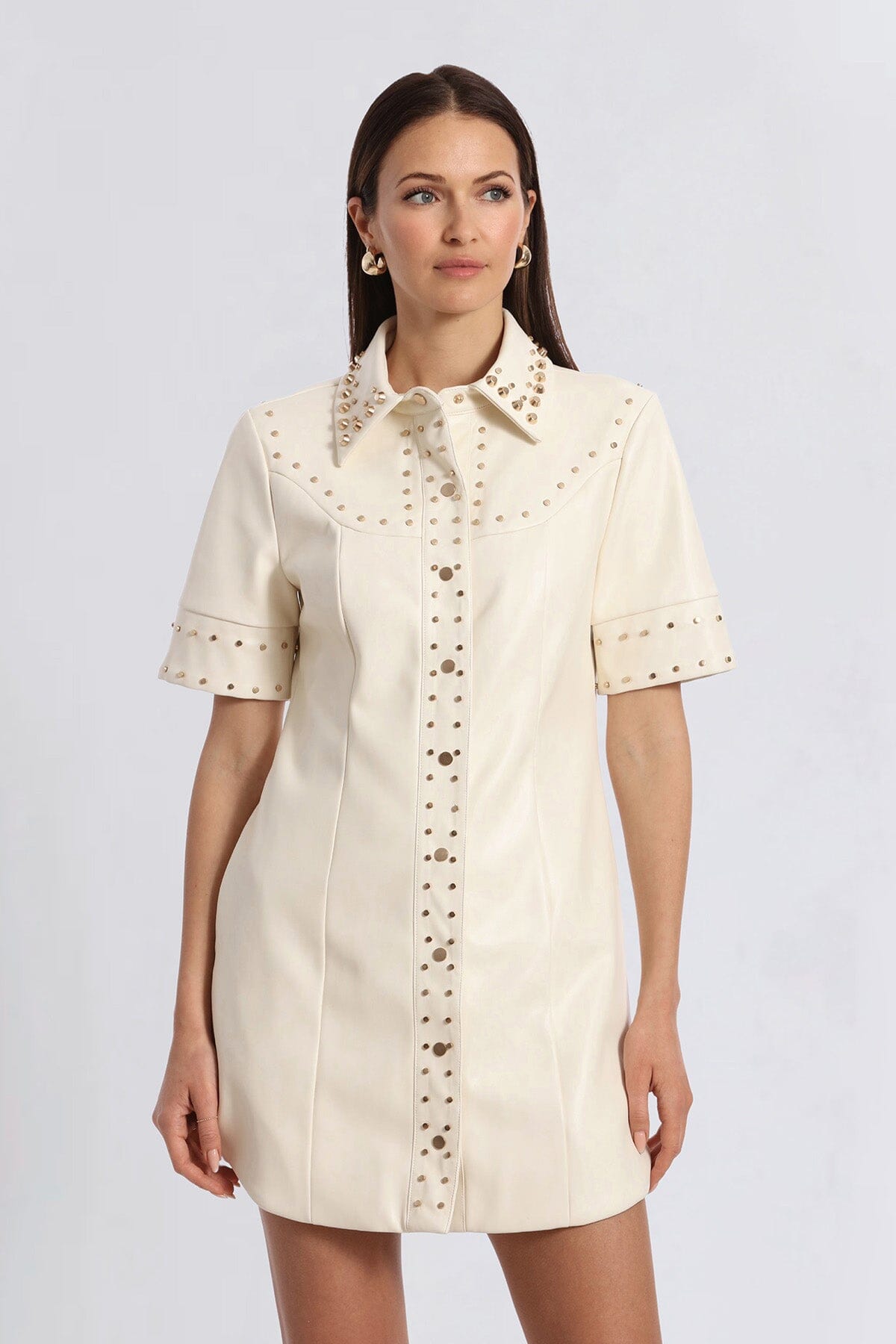 White Faux Leather Short Sleeve Mini Shirtdress with Studs - Cute designer fashion dresses by Avec Les Filles 