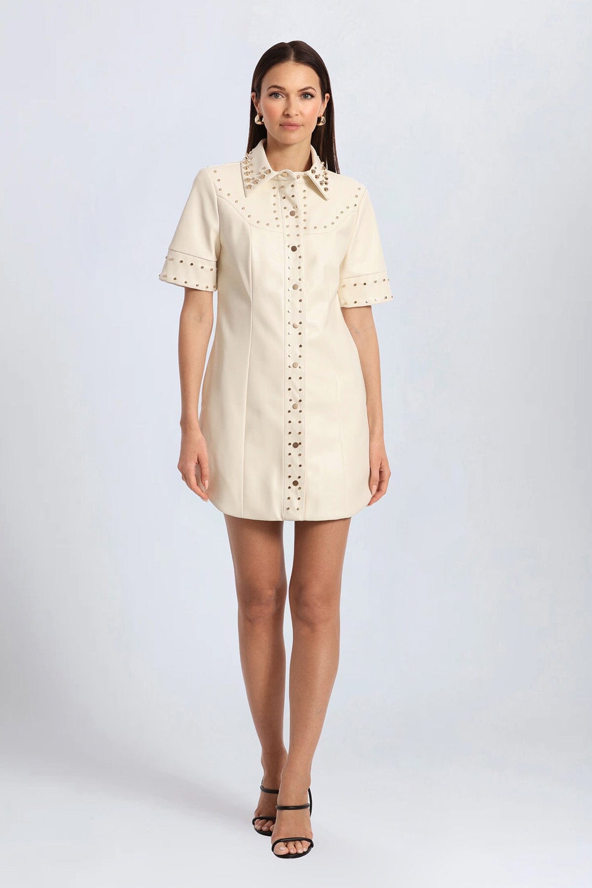 White Faux Leather Short Sleeve Mini Shirtdress with Studs - Cute White Dress by Avec Les Filles