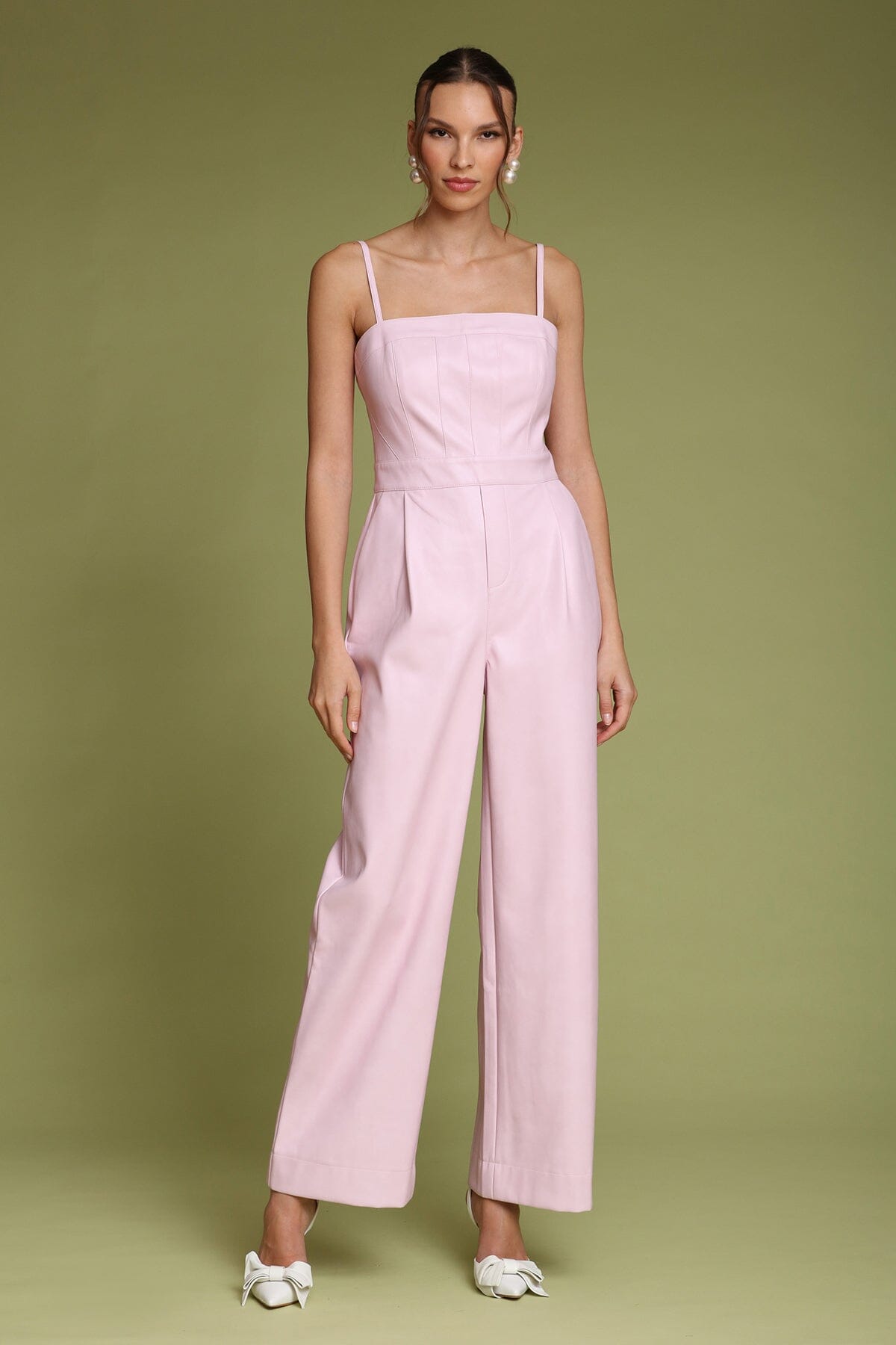 Faux leather wide-leg pink jumpsuit with square neckline and adjustable spaghetti straps - Shop designer women's jumpsuits by Avec Les Filles