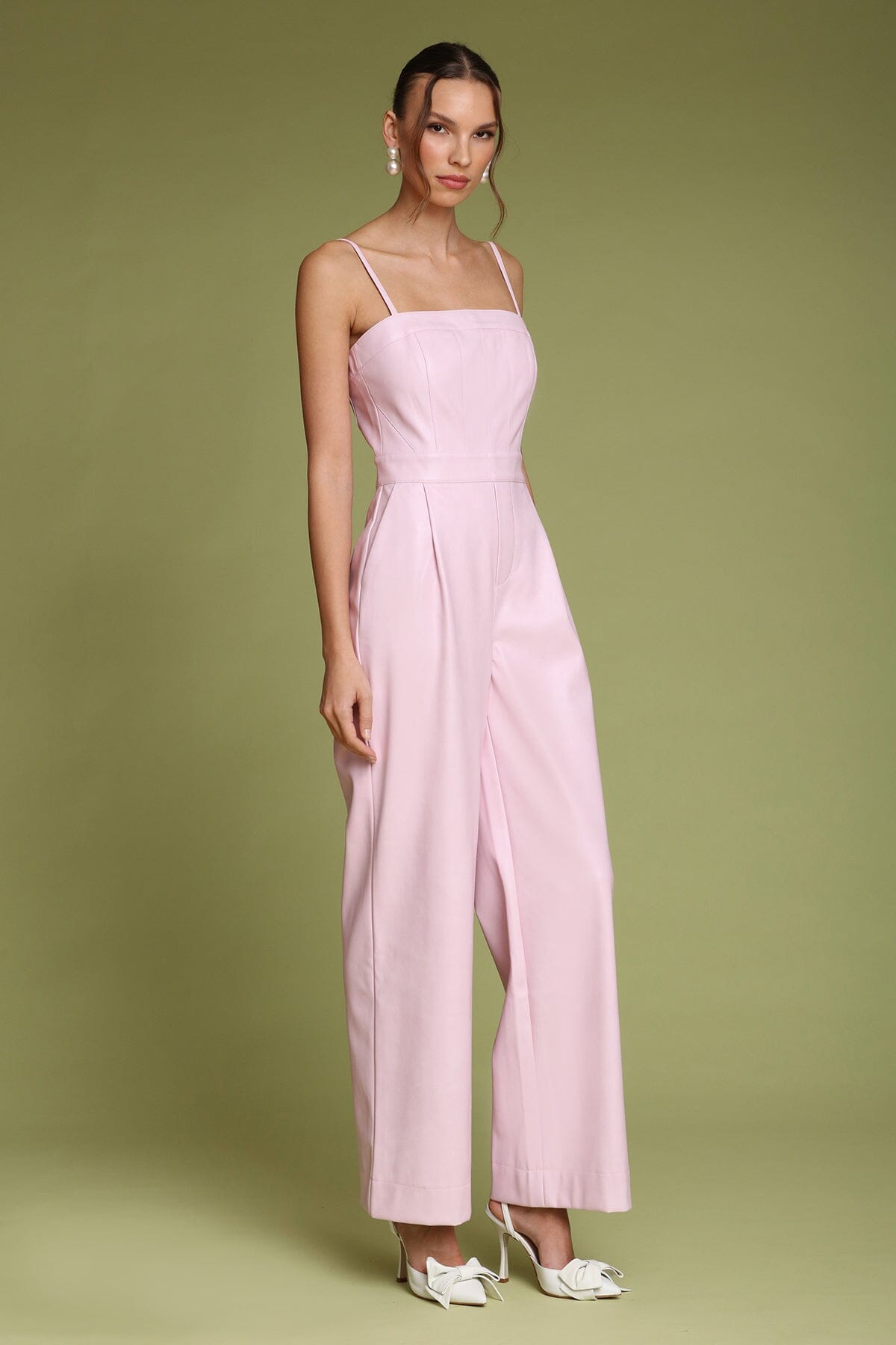 Faux leather wide-leg pink jumpsuit with square neckline and adjustable spaghetti straps - Shop designer women's jumpsuits by Avec Les Filles