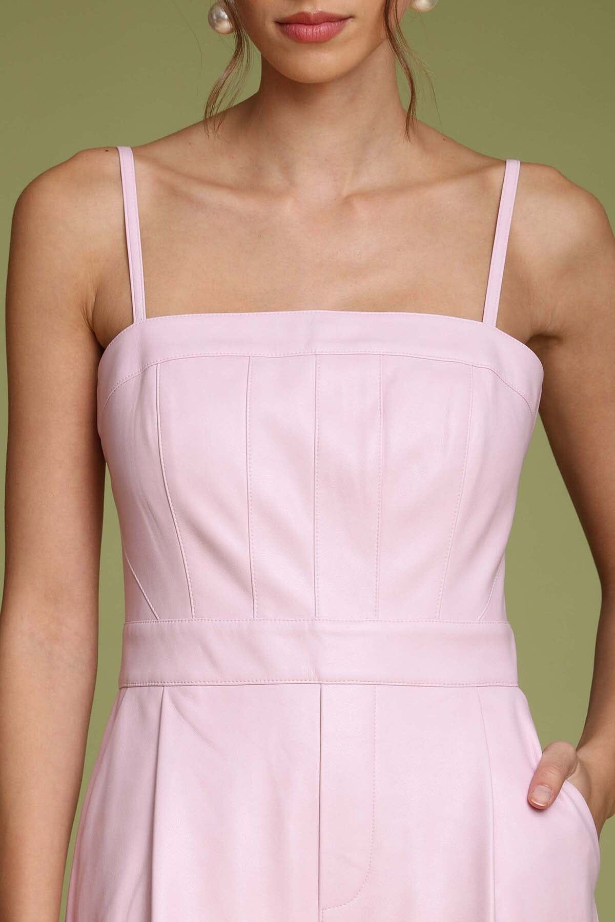 Faux leather wide-leg pink jumpsuit with square neckline and adjustable spaghetti straps - Shop designer women's jumpsuits by Avec Les Filles