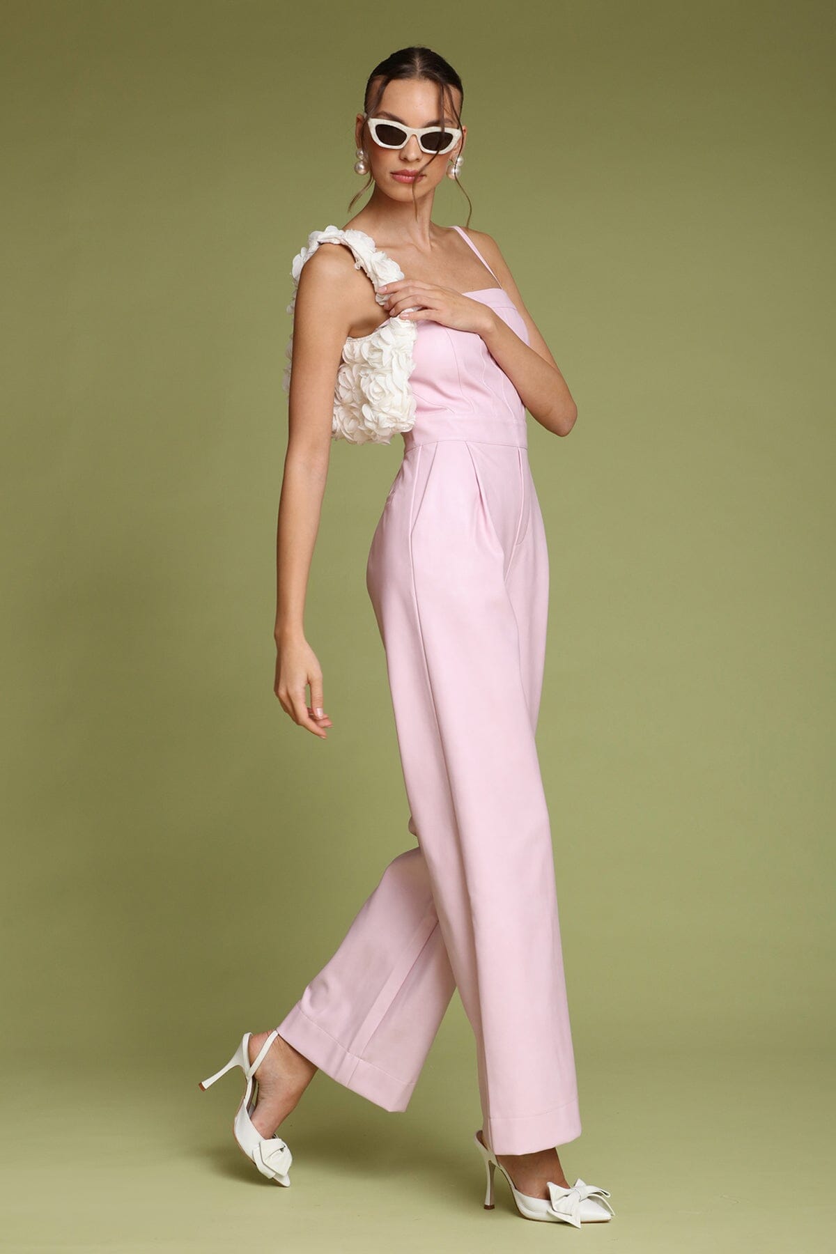 Faux leather wide-leg pink jumpsuit with square neckline and adjustable spaghetti straps - Shop designer women's jumpsuits by Avec Les Filles