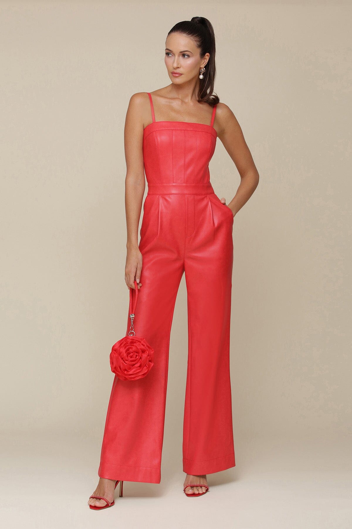 Red Faux Leather Wide Leg Jumpsuit with adjustable spaghetti straps and side pockets - Cute women's jumpsuits by Avec Les Filles