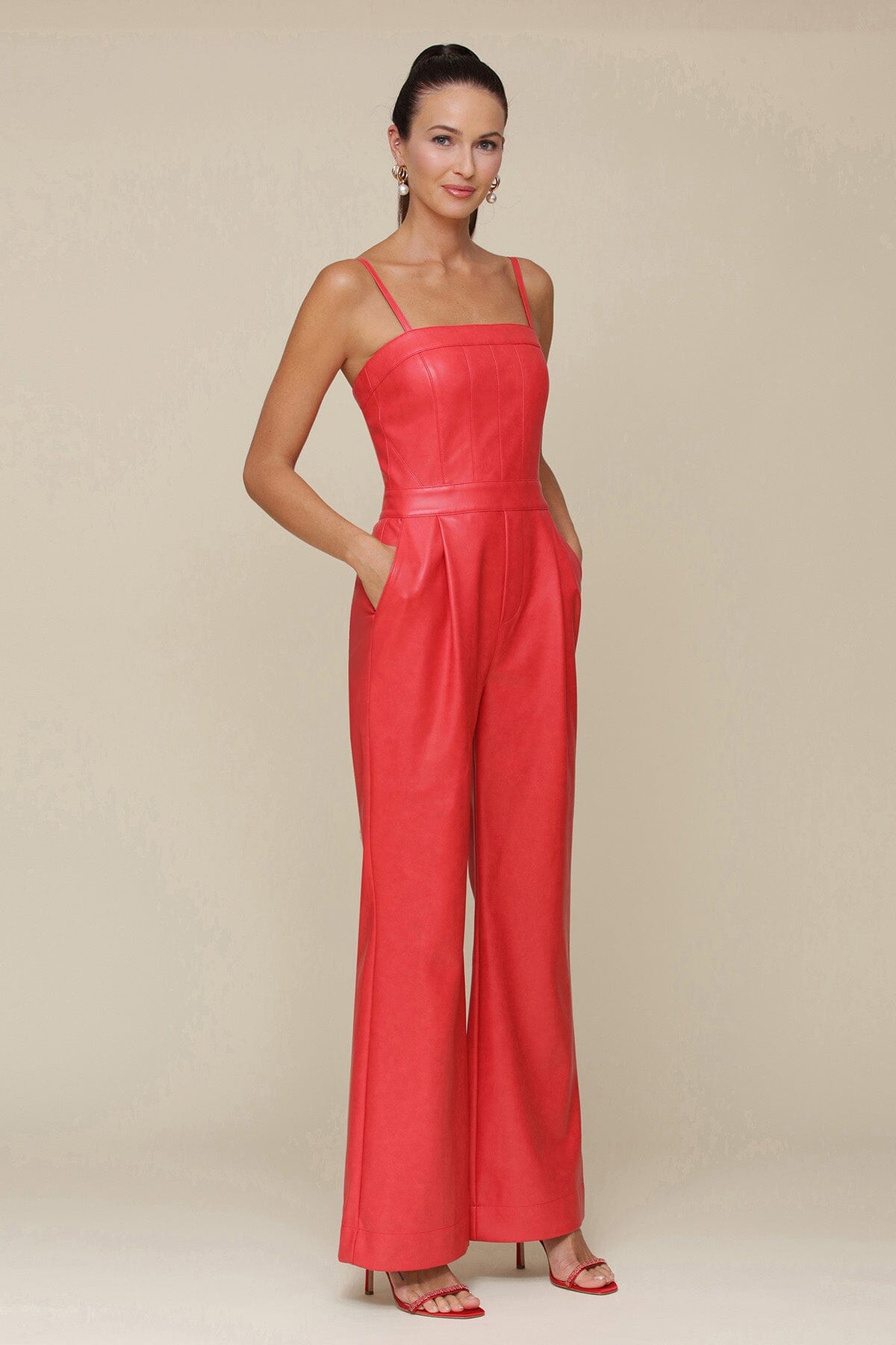 Red Faux Leather Wide Leg Jumpsuit with adjustable spaghetti straps and side pockets - Cute women's jumpsuits by Avec Les Filles